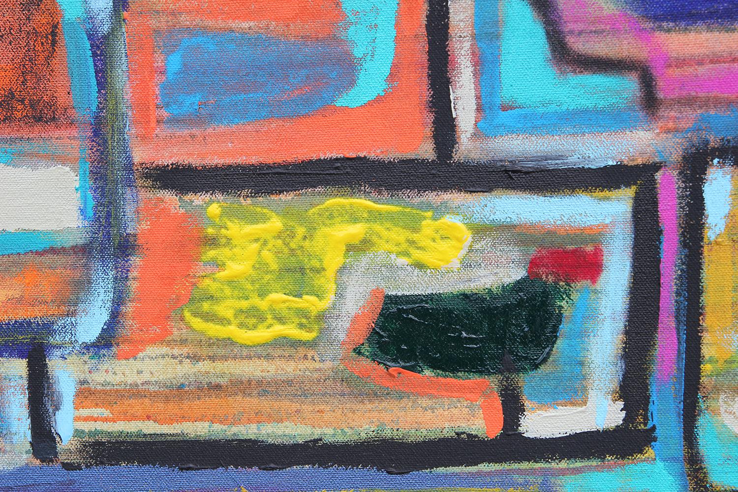 Zeitgenössisches abstraktes kubistisches Gemälde „Static Conundrum“ in Blau, Grün und Rosa im Angebot 3