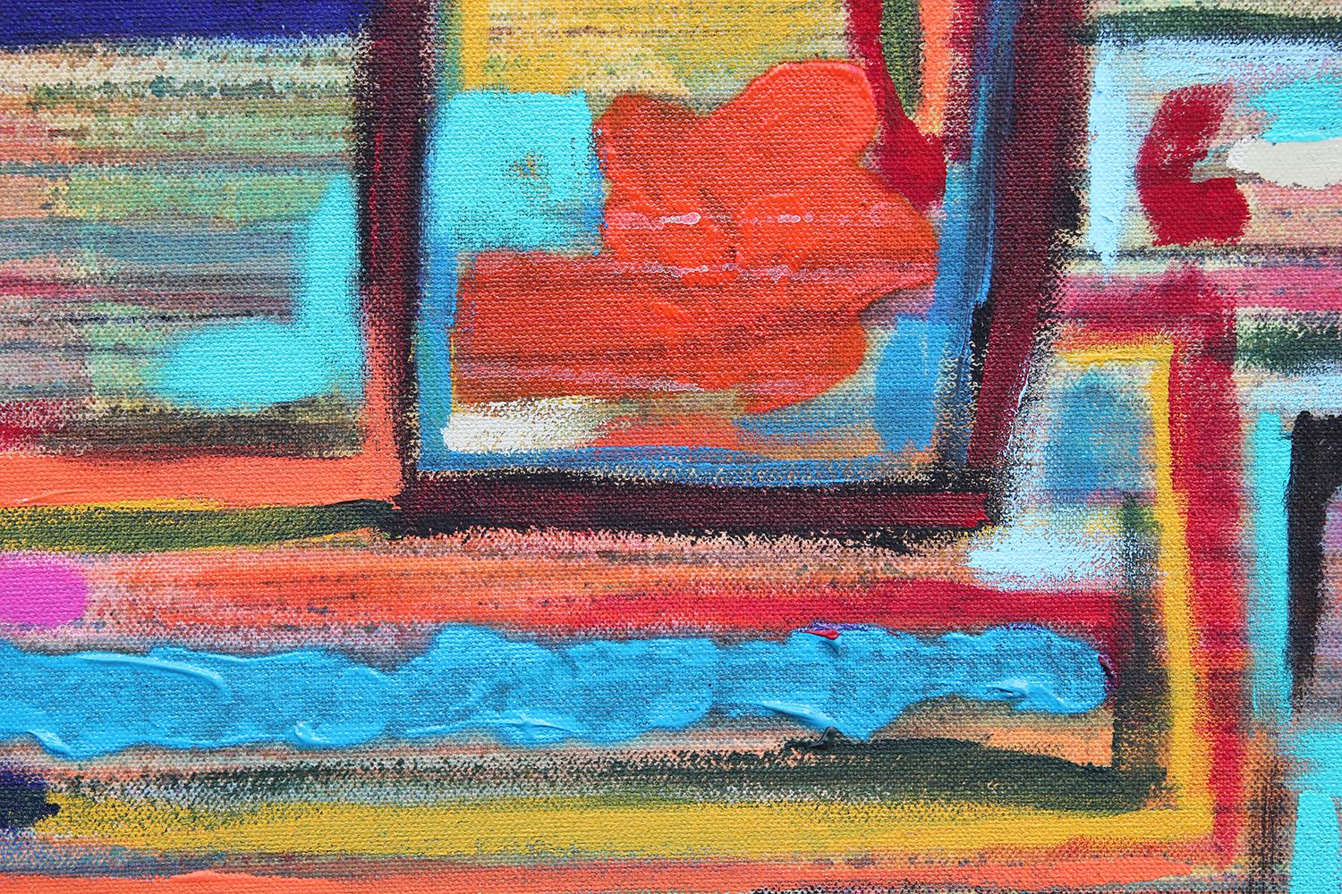 Zeitgenössisches abstraktes kubistisches Gemälde „Static Conundrum“ in Blau, Grün und Rosa im Angebot 4