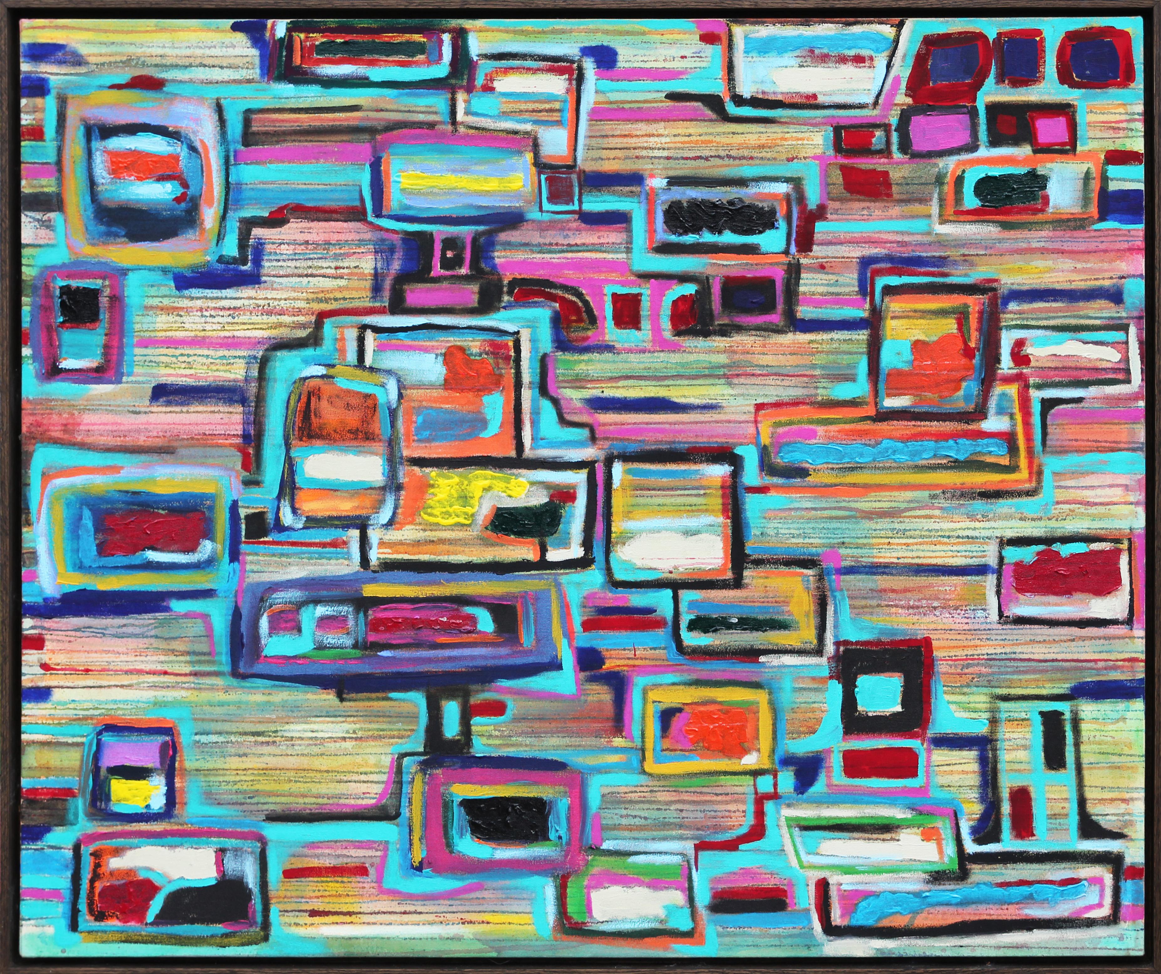 Landscape Painting Paul Reeves - Peinture cubiste abstraite contemporaine sarcelle, verte et rose « Static Conundrum »