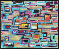 "Static Conundrum" Contemporary Teal, Green, & Pink Abstract Cubist Painting