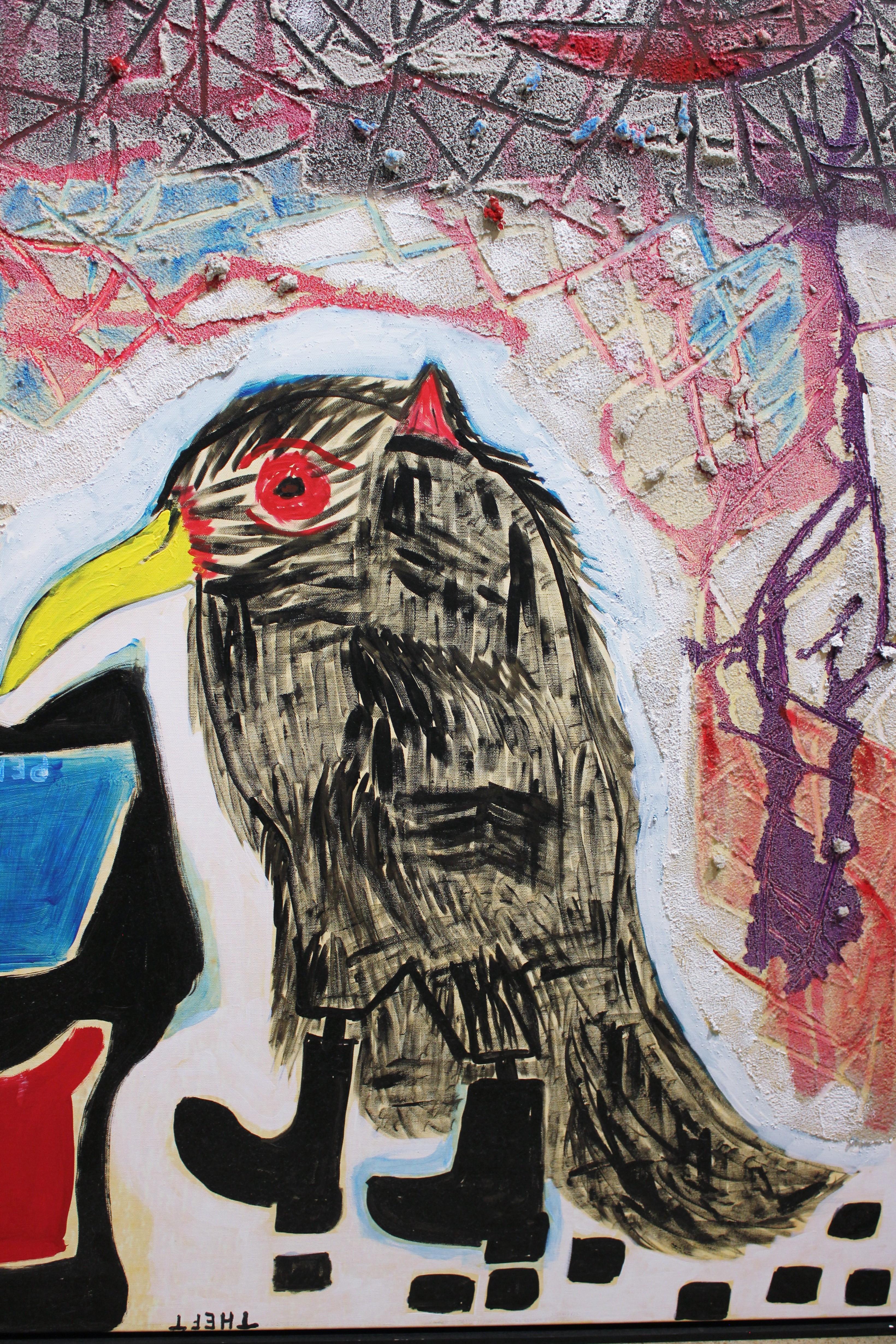 Mixed media painting with a crow wearing boots. Blue and red shapes with various words fill the left side of the canvas. The top of the canvas has a pumice texture with intersecting lines and various colors. Painting is signed, dated and titled by