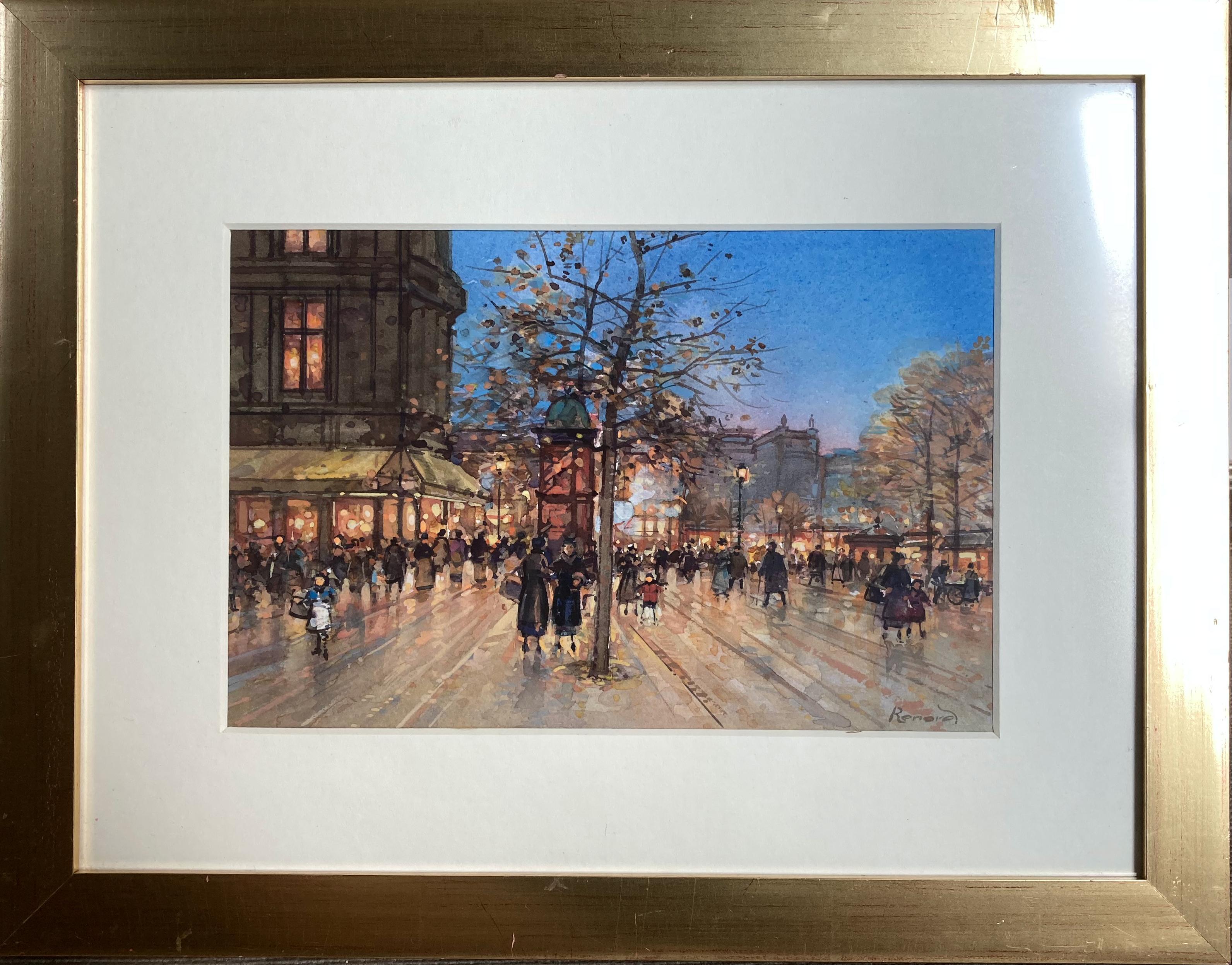 „Paris Promenade“ – gerahmtes impressionistisches Stadtgemälde des 20. Jahrhunderts – Painting von Paul Renard