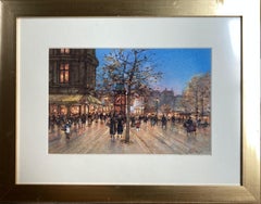 "Paris Promenade" - Peinture de ville impressionniste du 20e siècle encadrée