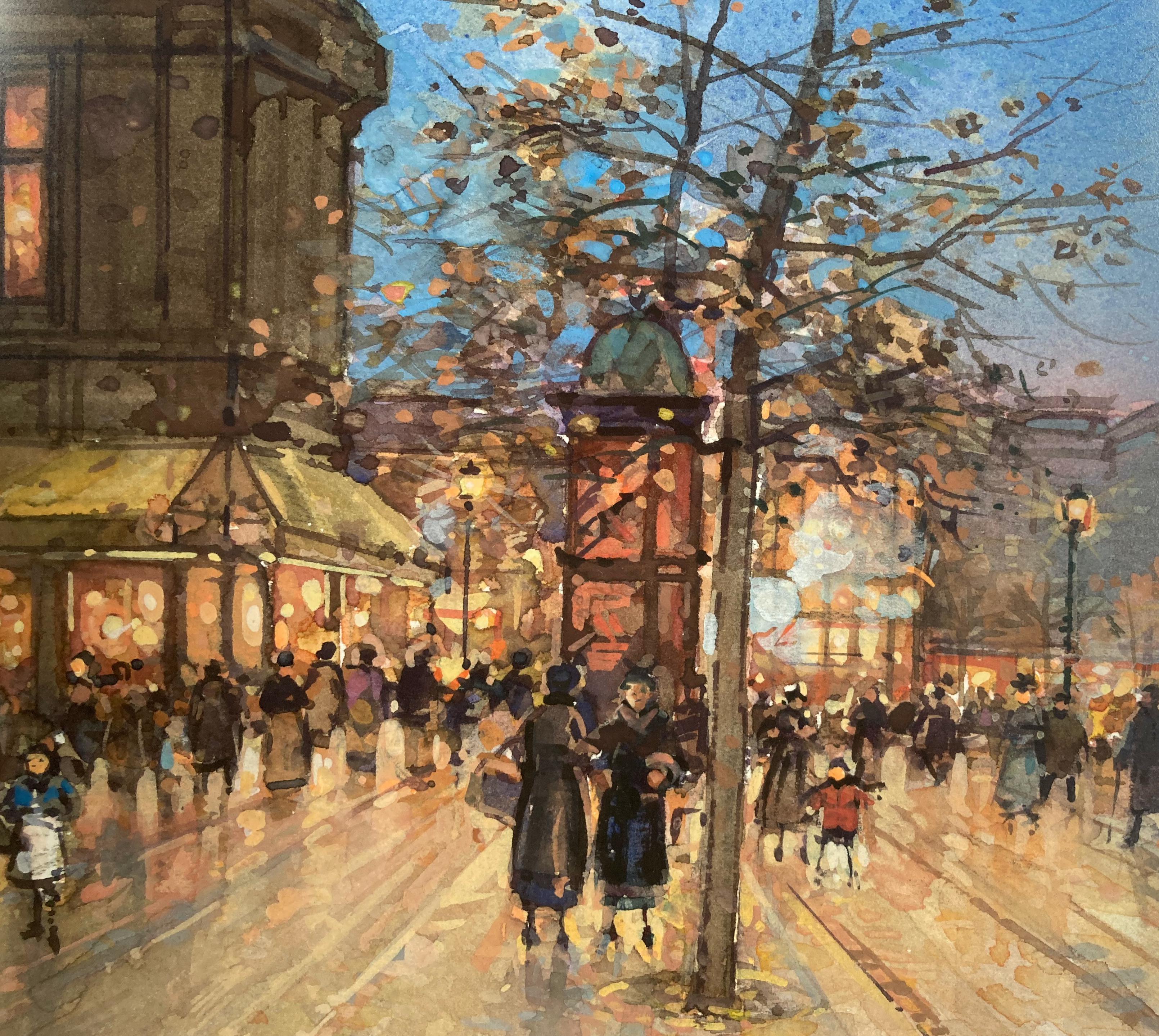„Paris Promenade“ – gerahmtes impressionistisches Stadtgemälde des 20. Jahrhunderts (Post-Impressionismus), Painting, von Paul Renard