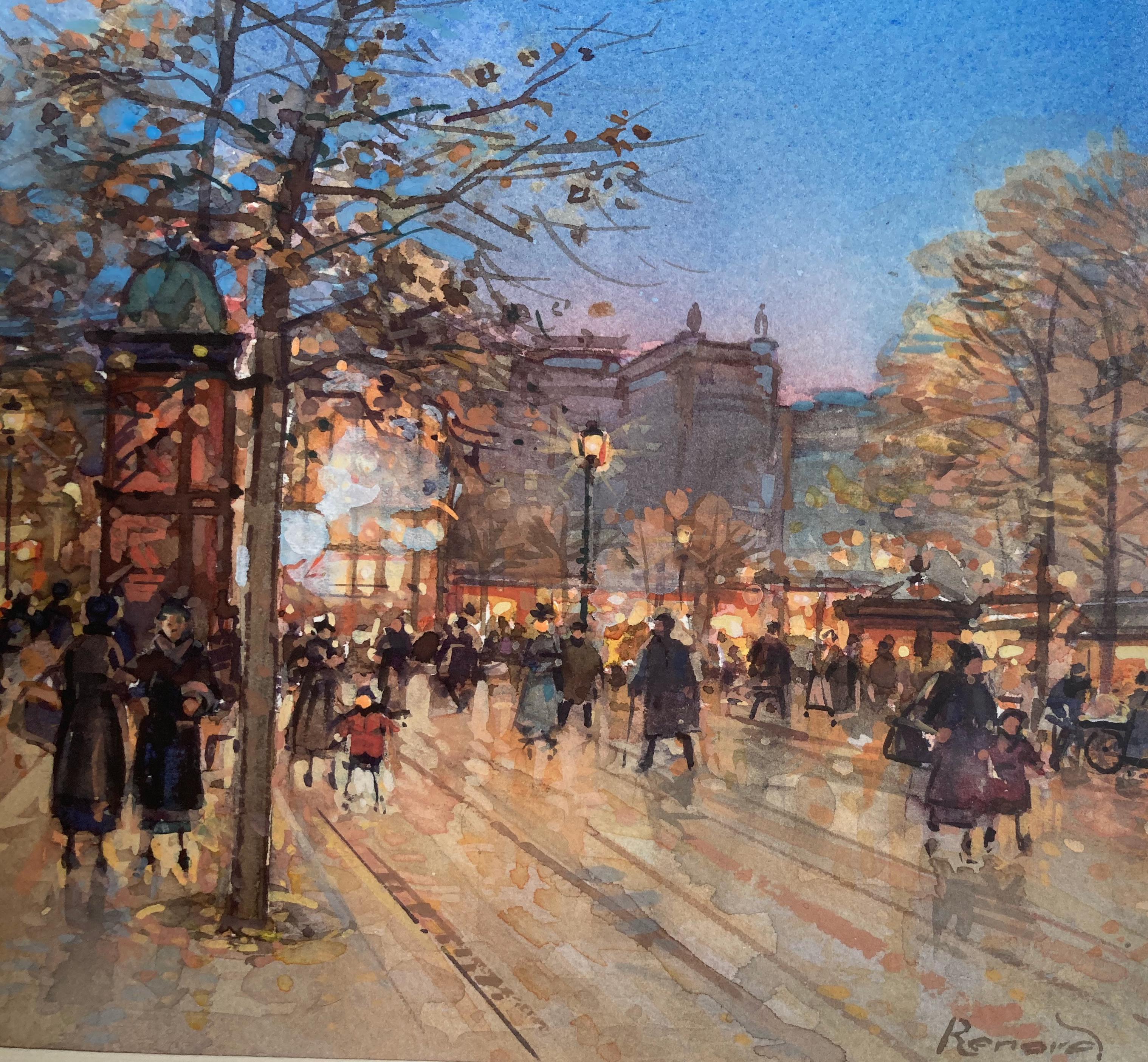 „Paris Promenade“ – gerahmtes impressionistisches Stadtgemälde des 20. Jahrhunderts (Grau), Figurative Painting, von Paul Renard