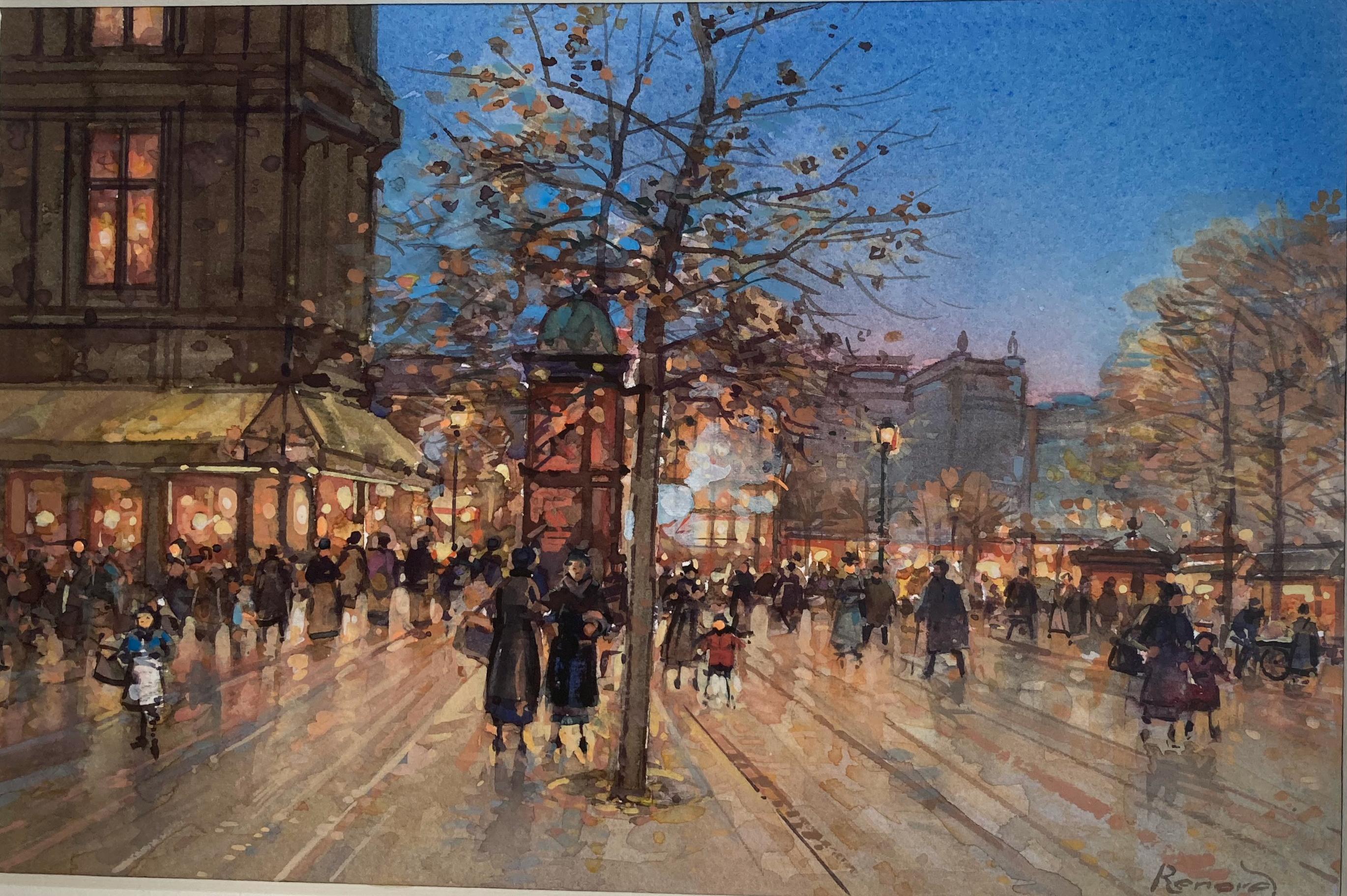 Paul Renard Figurative Painting – „Paris Promenade“ – gerahmtes impressionistisches Stadtgemälde des 20. Jahrhunderts