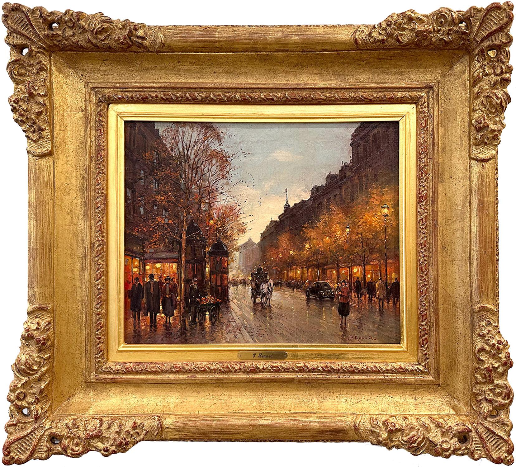 Paul Renard Landscape Painting - "Roses in the Cart" Parisian Autumn Street Scene Oil Painting on Canvas Framed