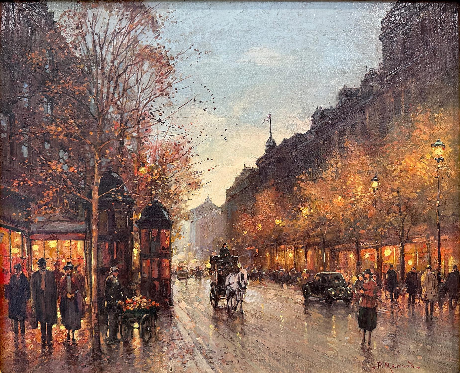 « Roses au chariot », peinture à l'huile sur toile encadrée, scène de rue d'automne parisienne - Painting de Paul Renard