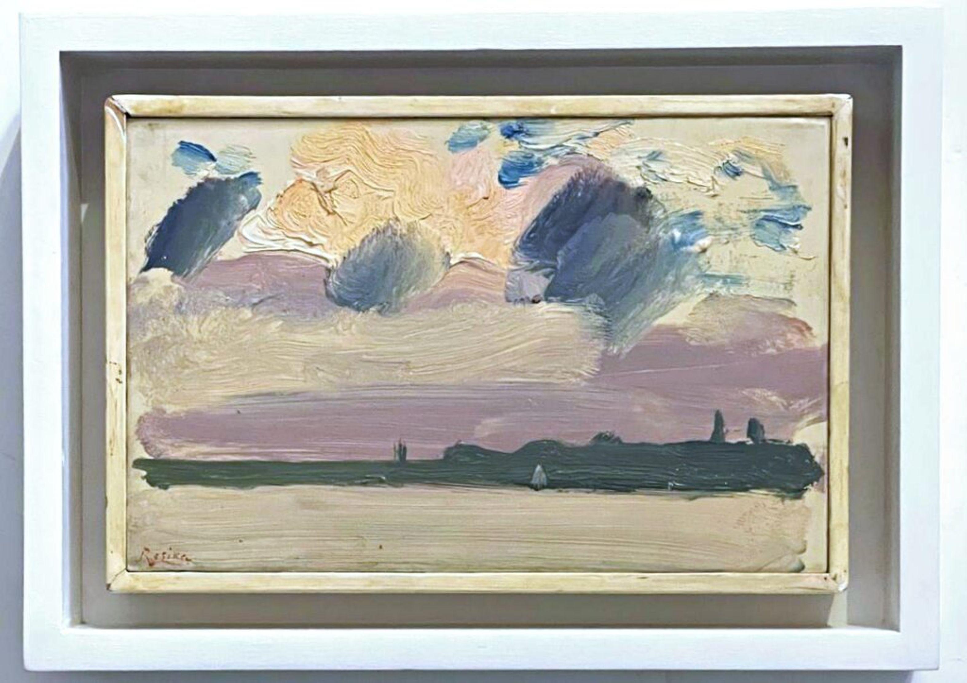Skowhegan-Wesserunsett, óleo firmado y enmarcado por un protegido de Hans Hofmann
