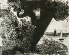 "Ryder's Tree", seascape aquatint, etching print, black and white, Cape Cod.