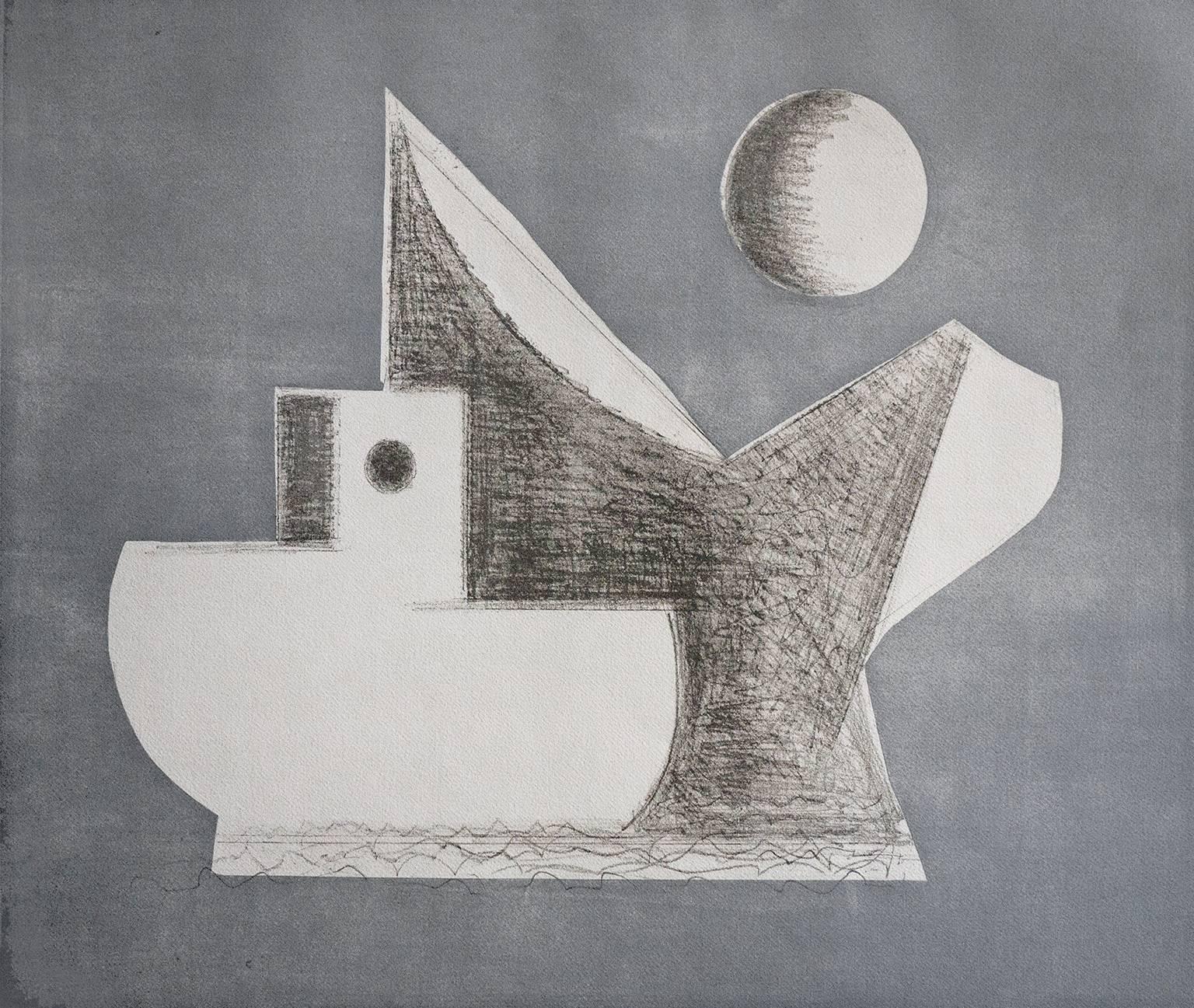 Paul Resika Landscape Print - “Silver”, abstract seascape etching and aquatint print, Cape Cod, boats.