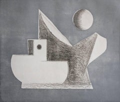 “Silver”, abstract seascape etching and aquatint print, Cape Cod, boats.