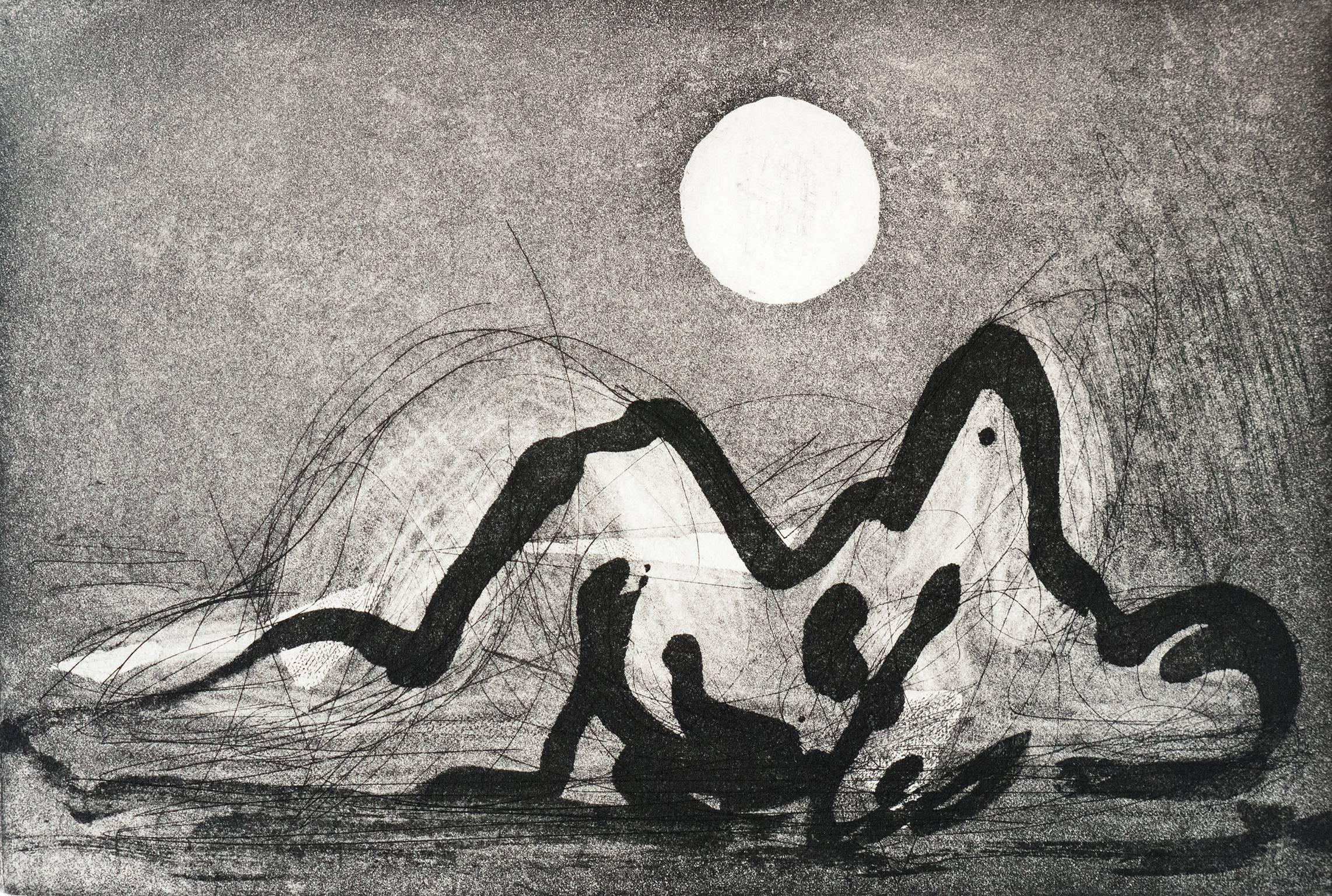 Paul Resika Figurative Print - "Sleeping With The Moon", abstract black and white landscape print with nude. 