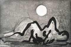 "Sleeping With The Moon", abstract black and white landscape print with nude. 