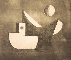 "Still Boats and Moon", abstract seascape aquatint, etching, graphite, black.