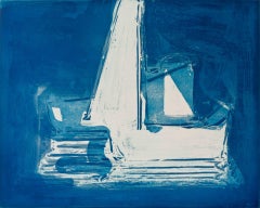 "Two Sails", abstract seascape etching aquatint print, Cape Cod, blue tones.
