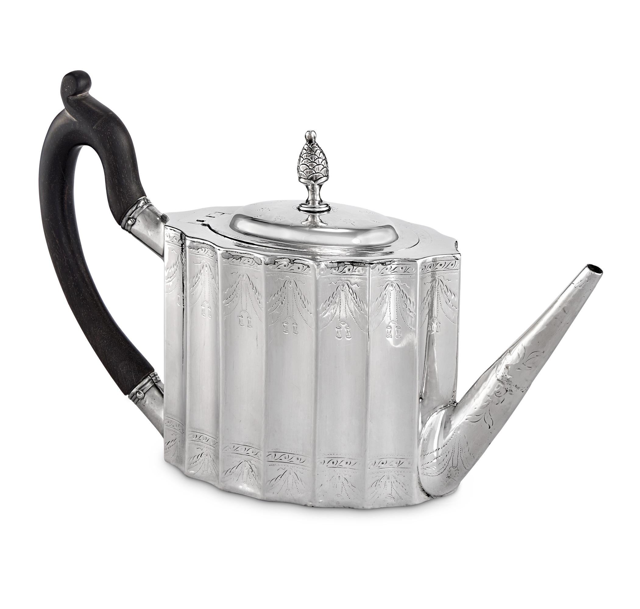 Neoclassical Silver Teapot
Paul Revere
Created 1791

This exceptional silver teapot is the work of Paul Revere, the legendary patriot and silversmith. A masterpiece of neoclassical design, it features elegantly shaped panels and bold fluted