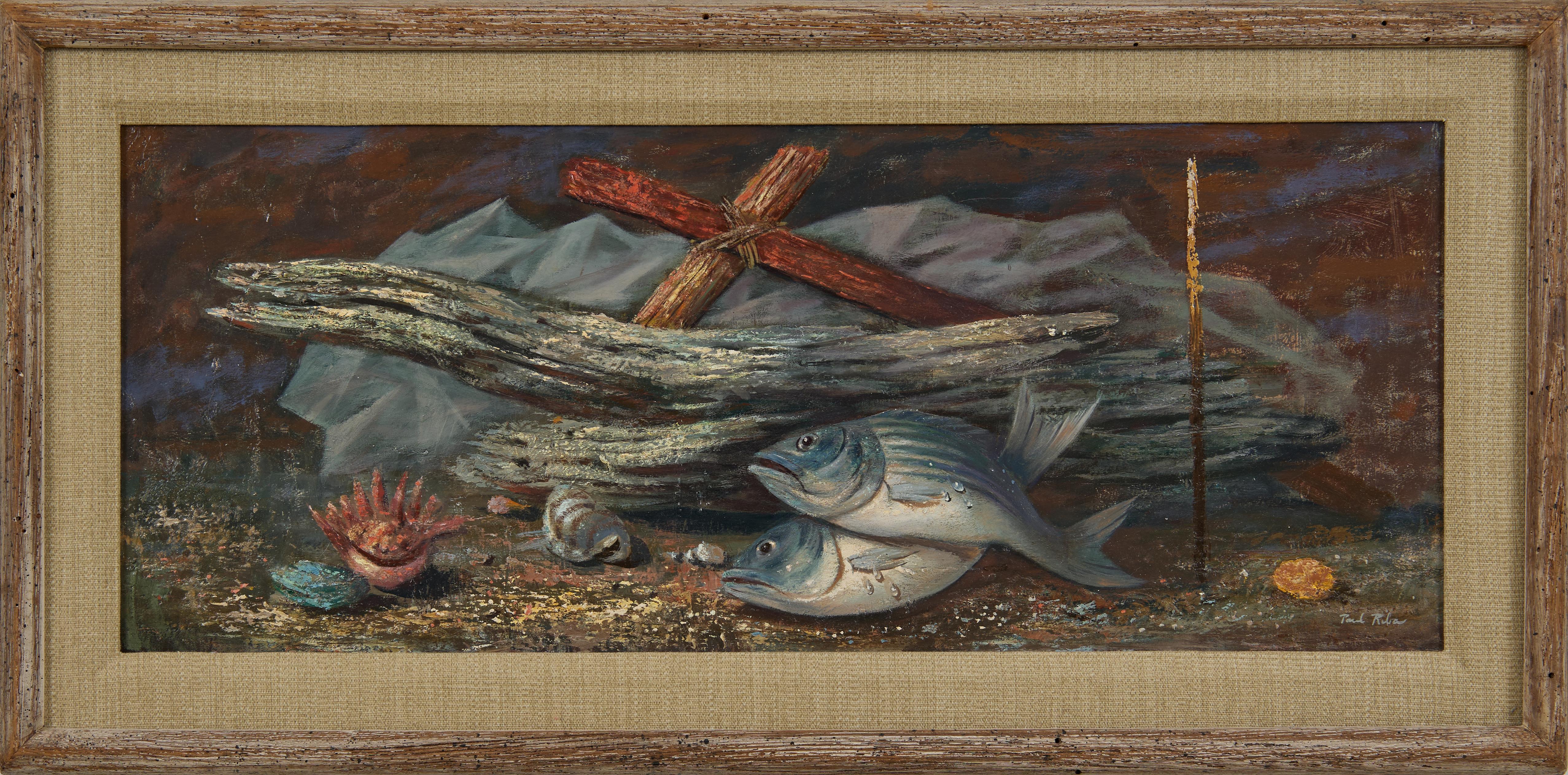 Driftwood & Fish, Magischer Realismus, Surrealistischer Künstler aus Cleveland, Mitte des 20. Jahrhunderts – Painting von Paul Riba