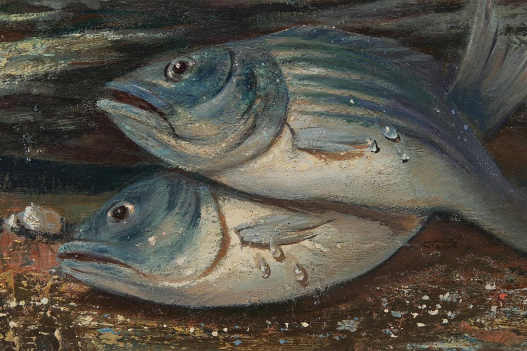 Paul Riba (Amerikaner, 1912-1977)
Treibholz und Fische
Öl auf Platte
Signiert unten rechts
9,25 x 23,5 Zoll
14 x 28,25 Zoll, gerahmt

Paul Riba war ein Maler des magischen Realismus.  Er erforschte das unwirkliche Nebeneinander von Objekten mit dem