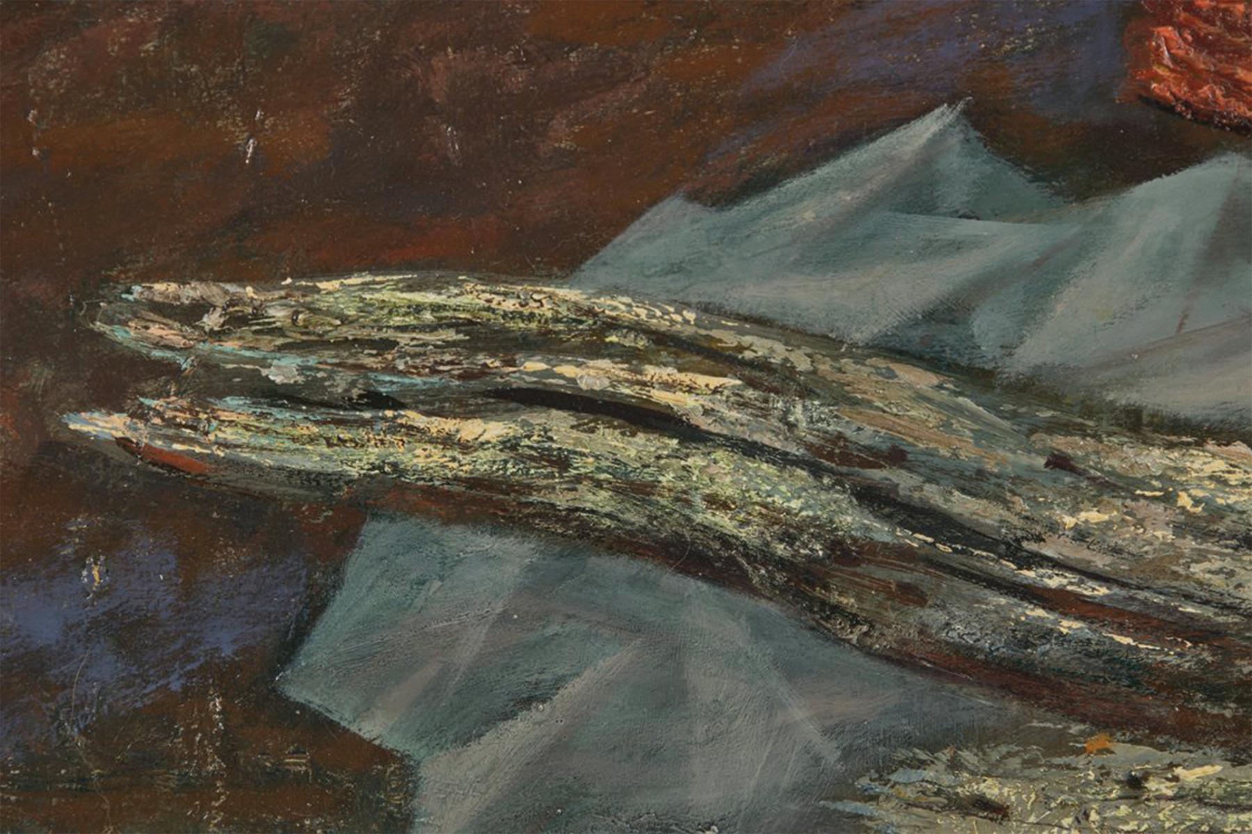 Driftwood & Fish, Mid-20th Century Magical Realism, Surrealist Cleveland Artist - Black Figurative Painting by Paul Riba