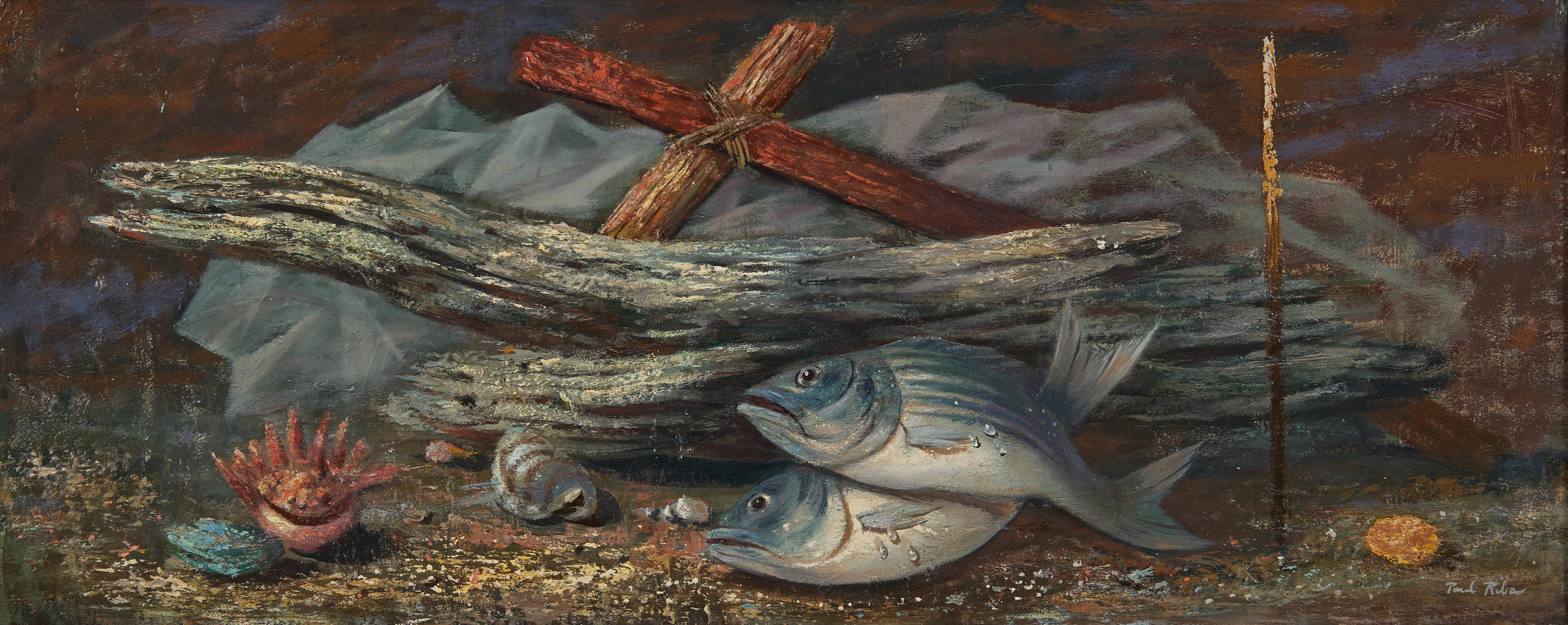 Paul Riba Figurative Painting – Driftwood & Fish, Magischer Realismus, Surrealistischer Künstler aus Cleveland, Mitte des 20. Jahrhunderts