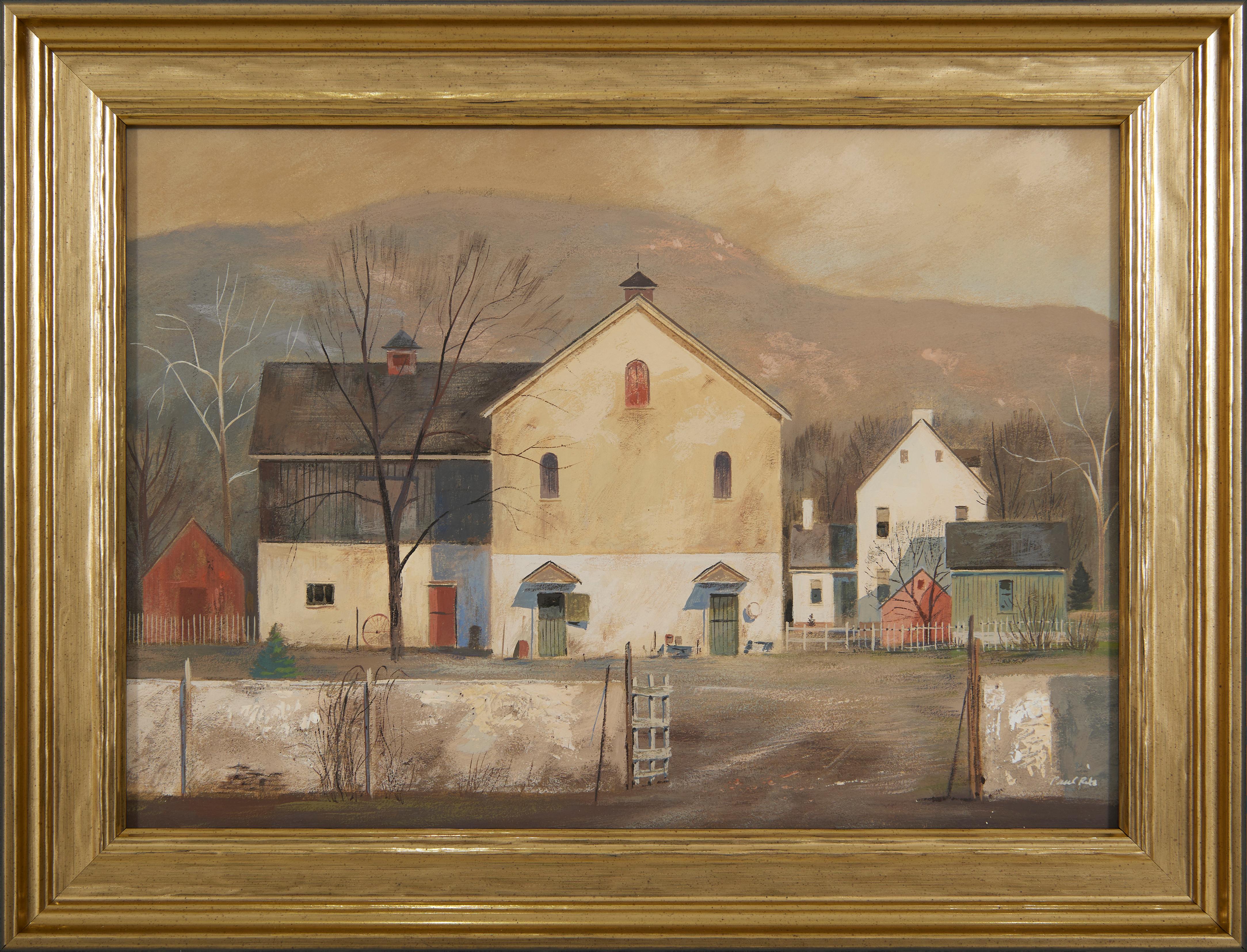 Landscape Painting Paul Riba - Ferme hollandaise, paysage de Pennsylvanie avec maisons et montagnes