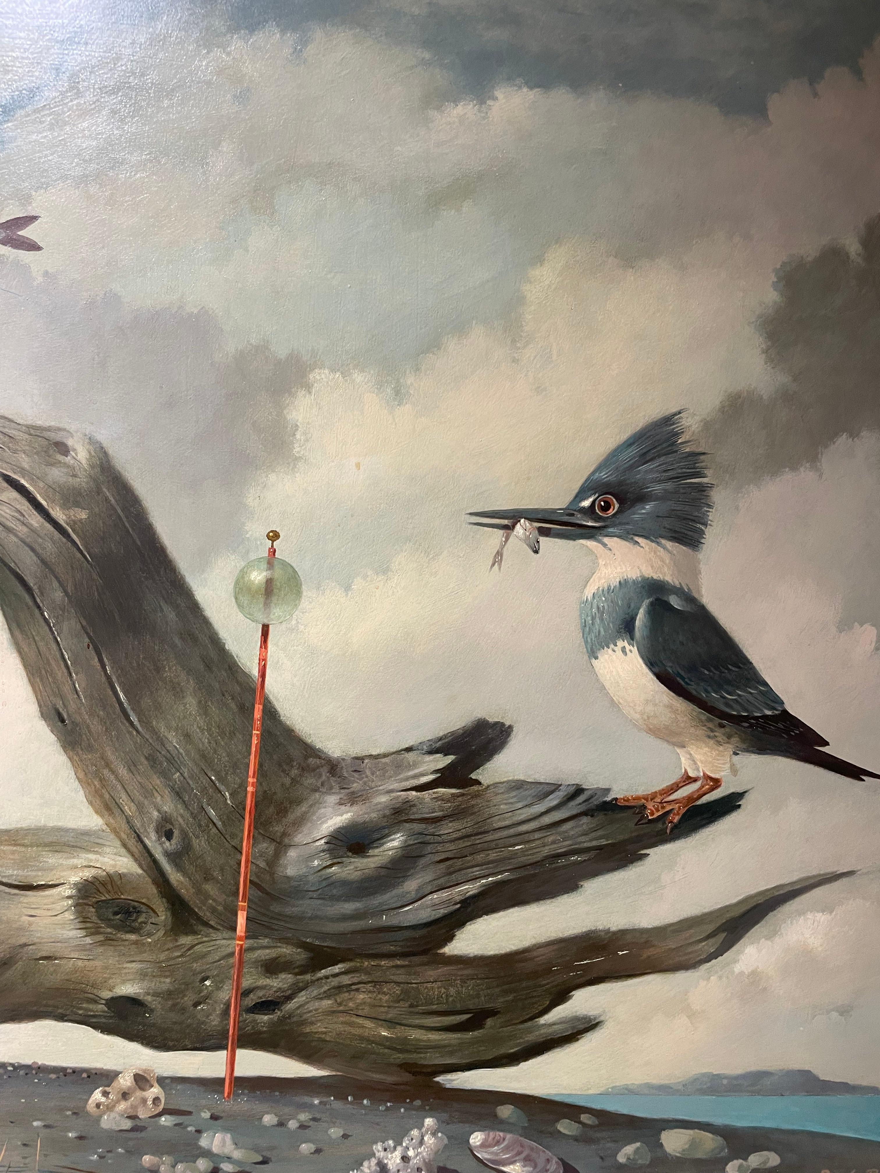 Martín Pescador, paisaje de realismo mágico del siglo XX con pájaros y madera flotante en venta 5