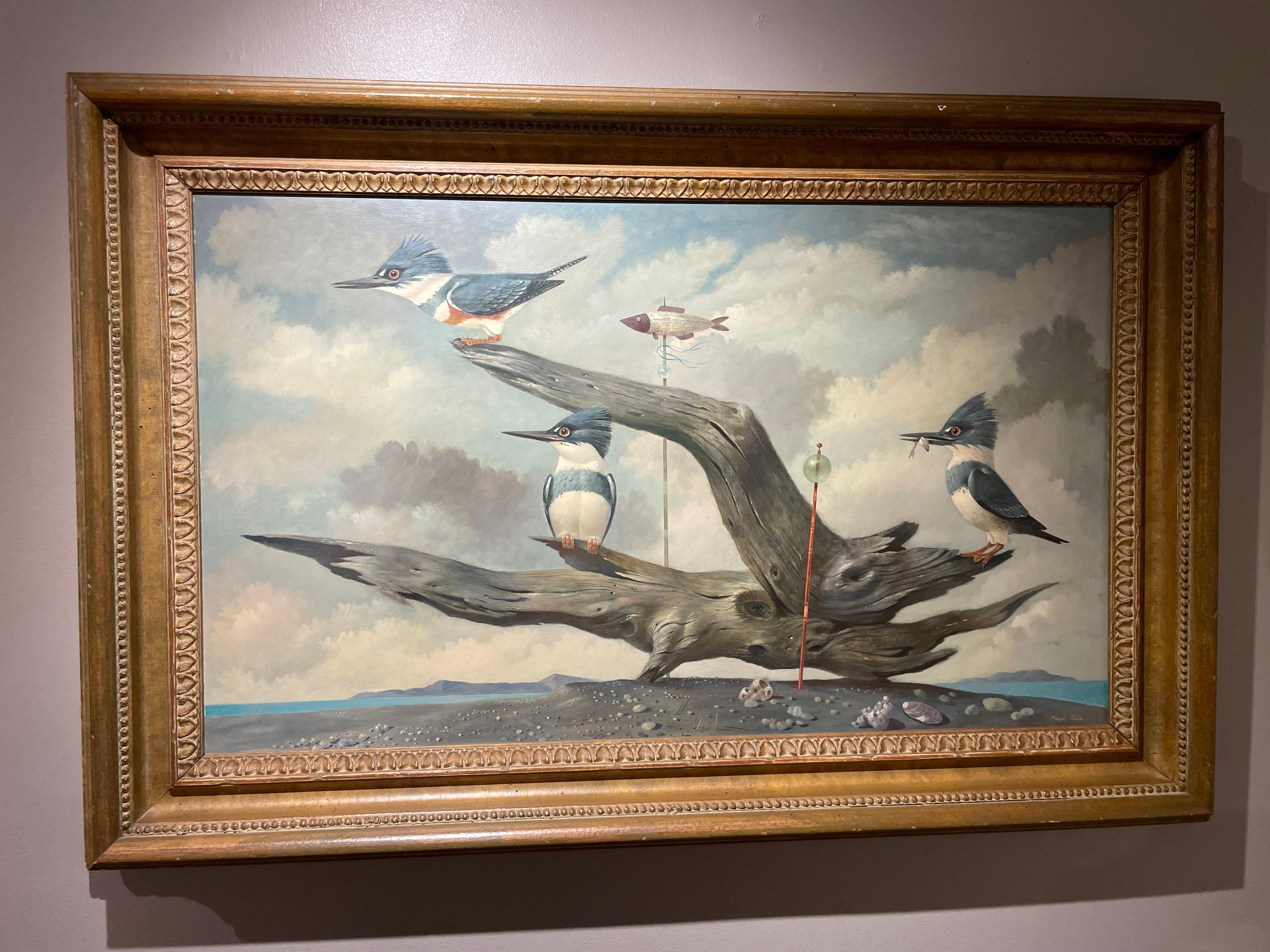 Martín Pescador, paisaje de realismo mágico del siglo XX con pájaros y madera flotante en venta 6