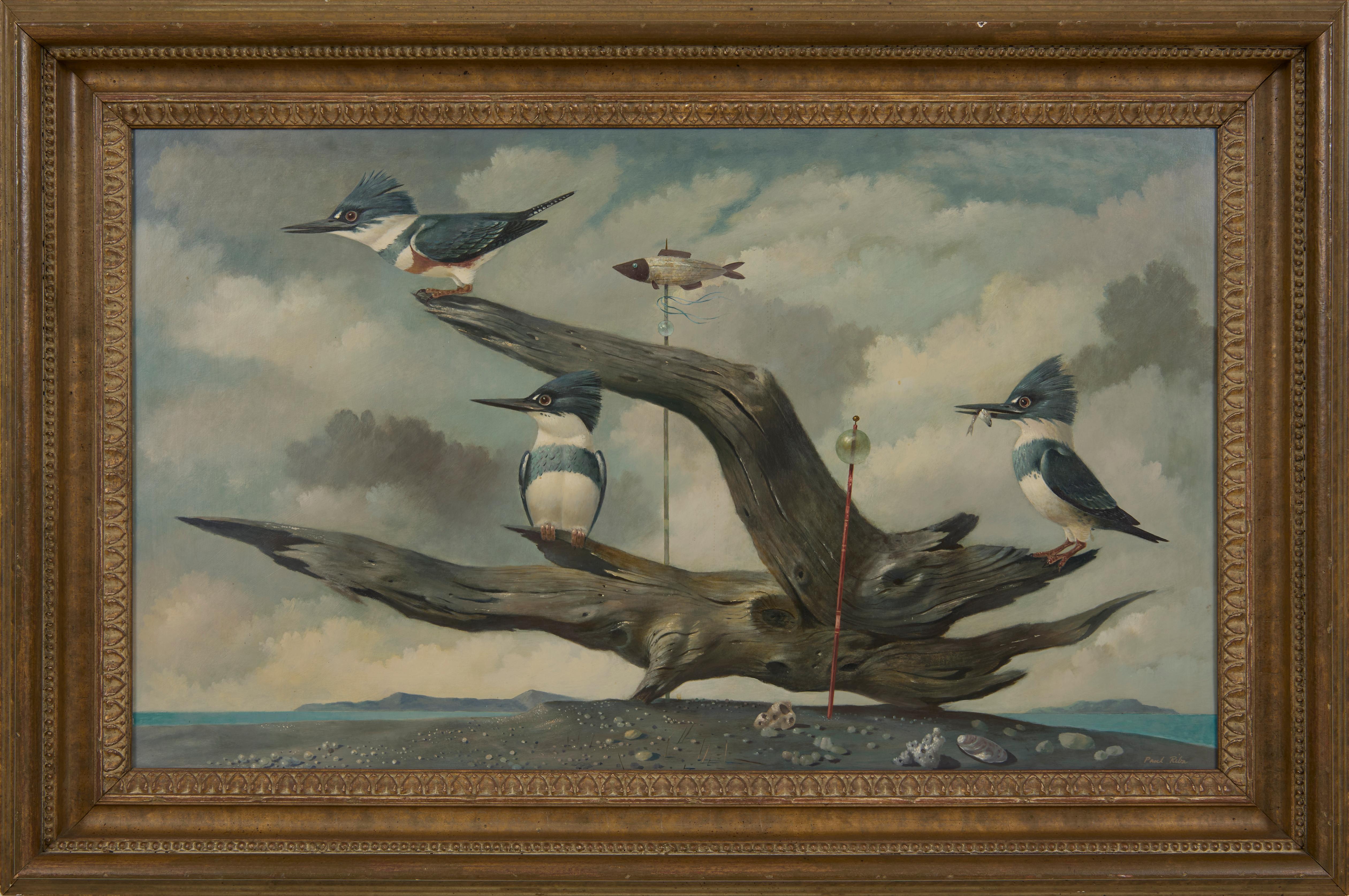 Martín Pescador, paisaje de realismo mágico del siglo XX con pájaros y madera flotante - Painting de Paul Riba