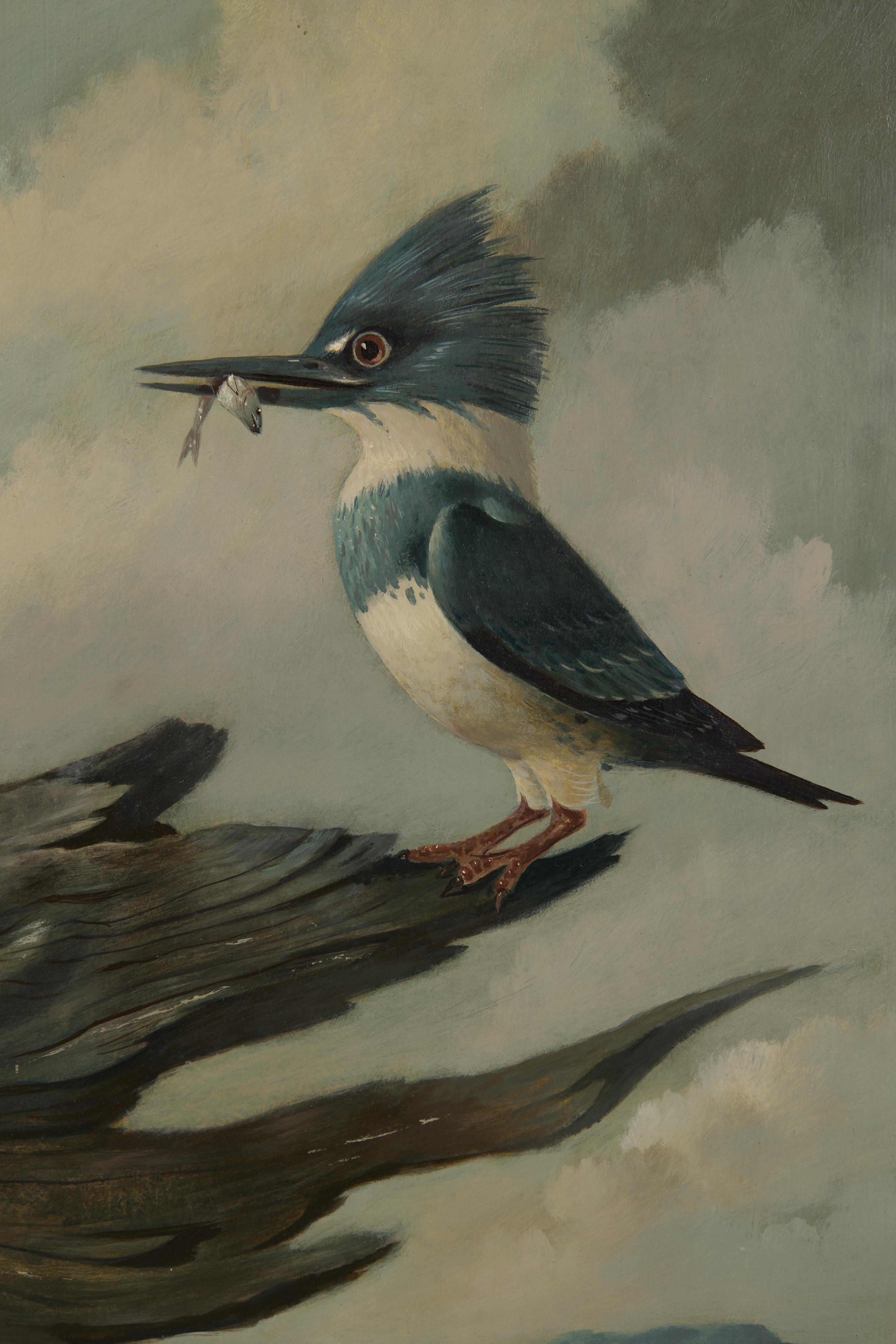 Martín Pescador, paisaje de realismo mágico del siglo XX con pájaros y madera flotante - Painting Surrealista de Paul Riba