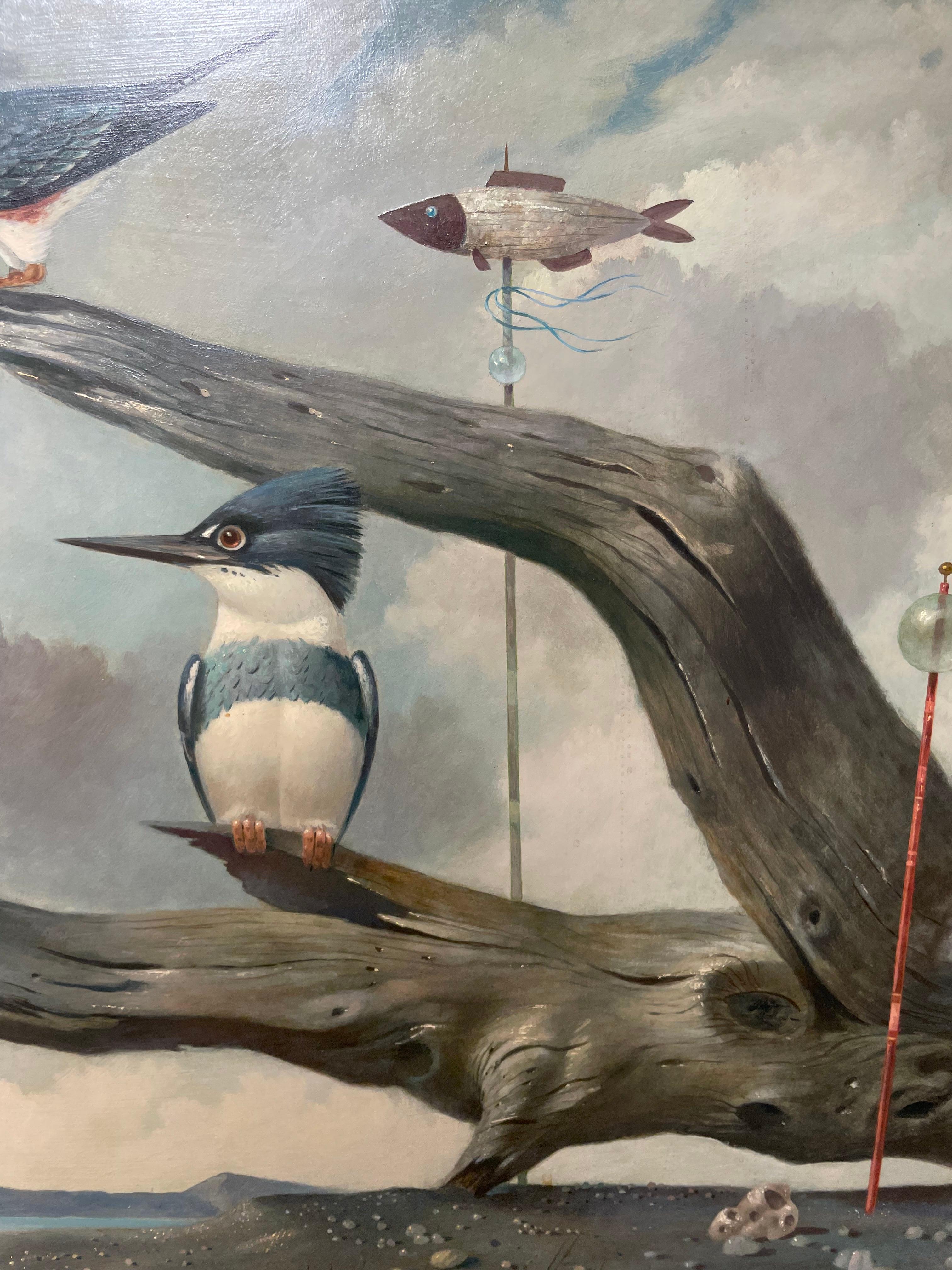 Martín Pescador, paisaje de realismo mágico del siglo XX con pájaros y madera flotante en venta 4