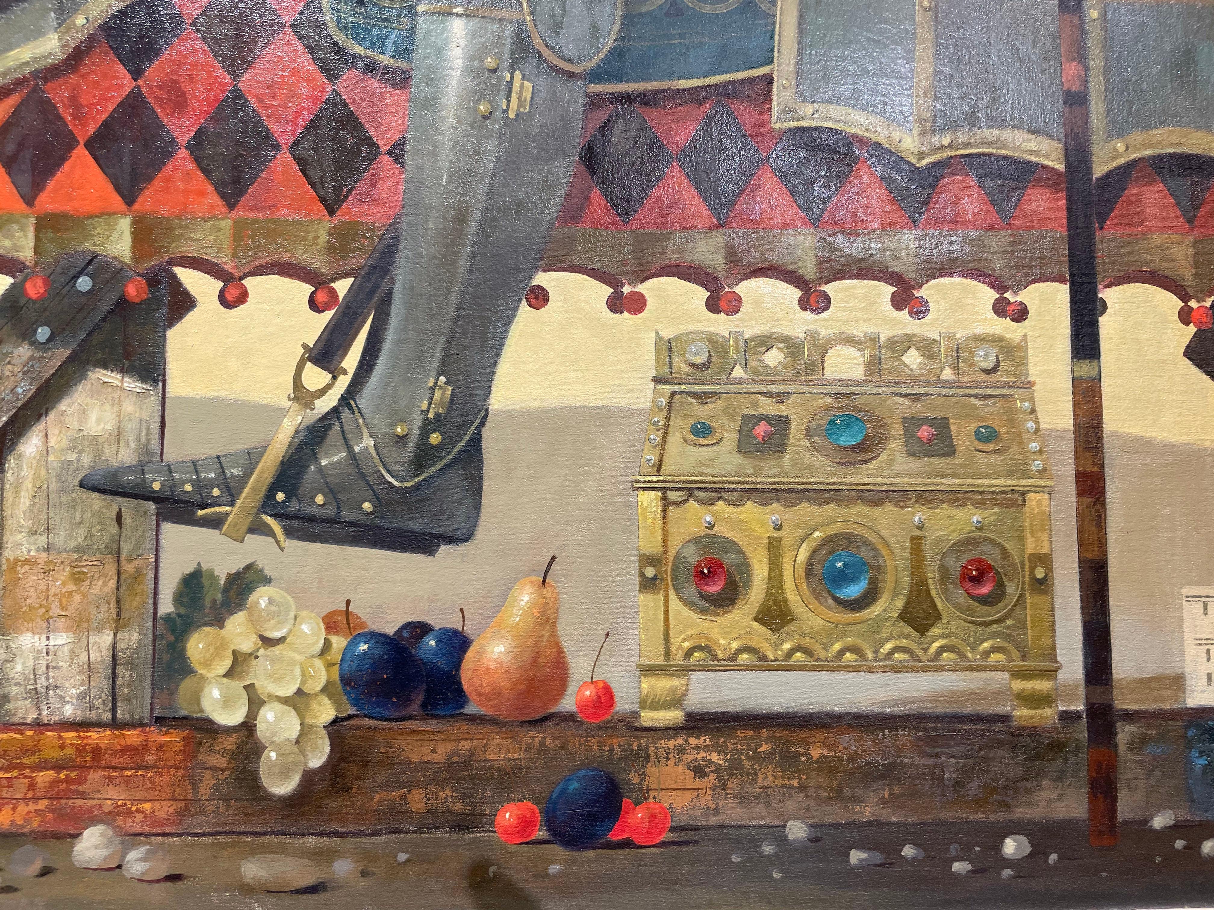 Ritter in Rüstung mit Pferd, große magisch-realistische Landschaft im Angebot 5