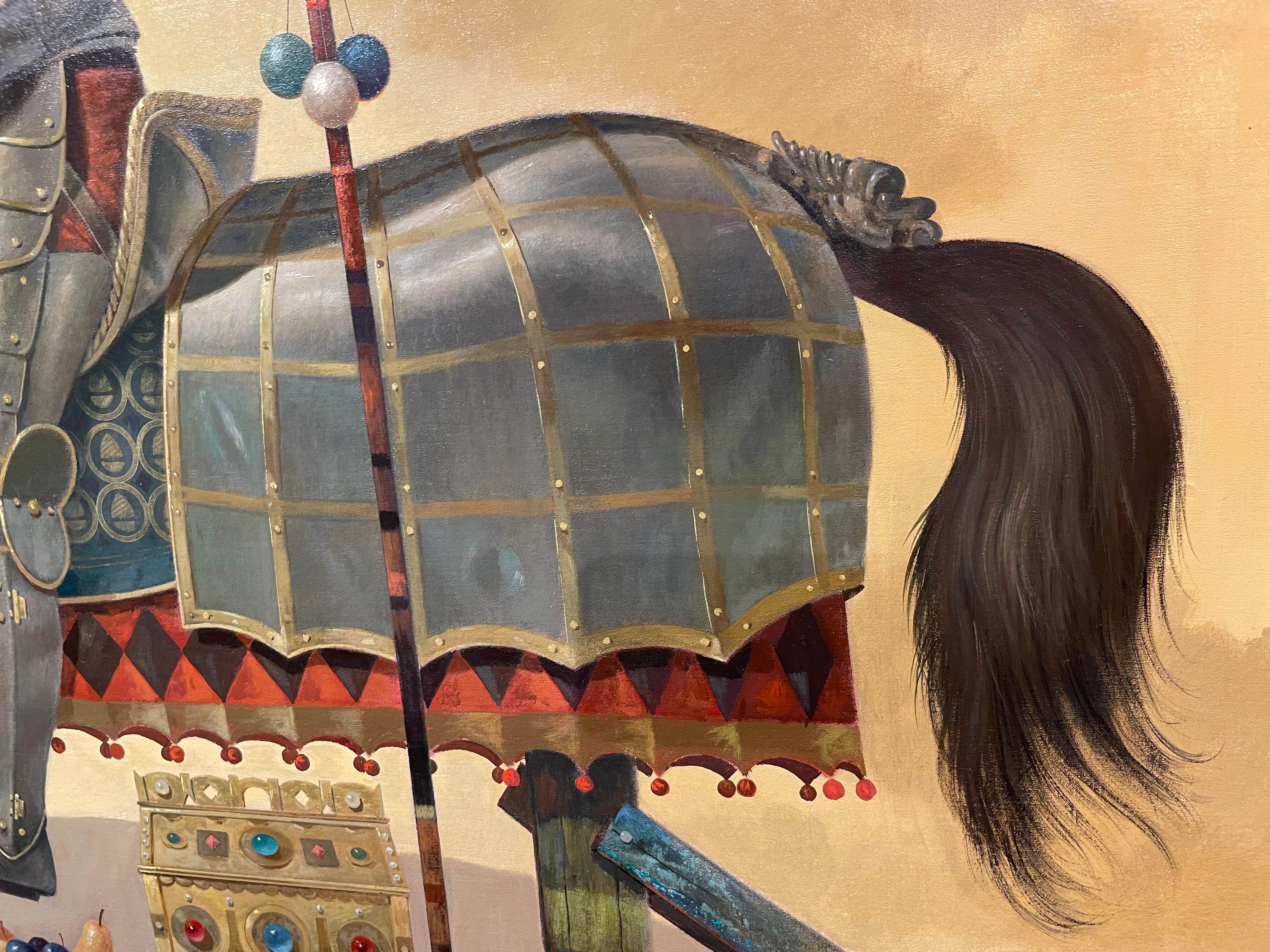 Ritter in Rüstung mit Pferd, große magisch-realistische Landschaft im Angebot 8