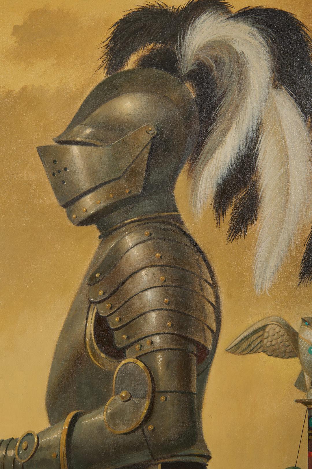 Ritter in Rüstung mit Pferd, große magisch-realistische Landschaft (Surrealismus), Painting, von Paul Riba