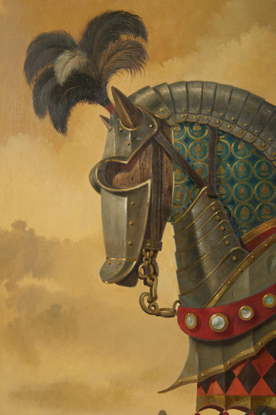 Ritter in Rüstung mit Pferd, große magisch-realistische Landschaft (Braun), Landscape Painting, von Paul Riba