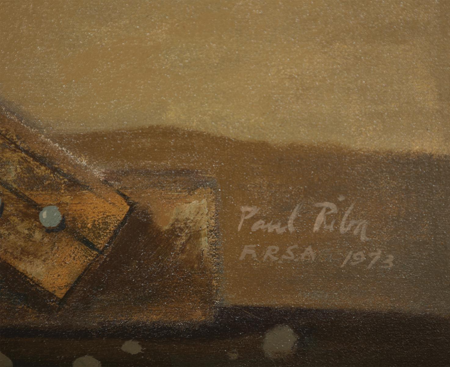 Paul Riba (Amerikaner, 1912-1977)
Ritter in Rüstung, 1973
Öl auf Karton
Signiert und datiert unten rechts
39,5 x 47,5 Zoll
48,5 x 57 Zoll, gerahmt

Paul Riba war ein Maler des magischen Realismus.  Er erforschte das unwirkliche Nebeneinander von