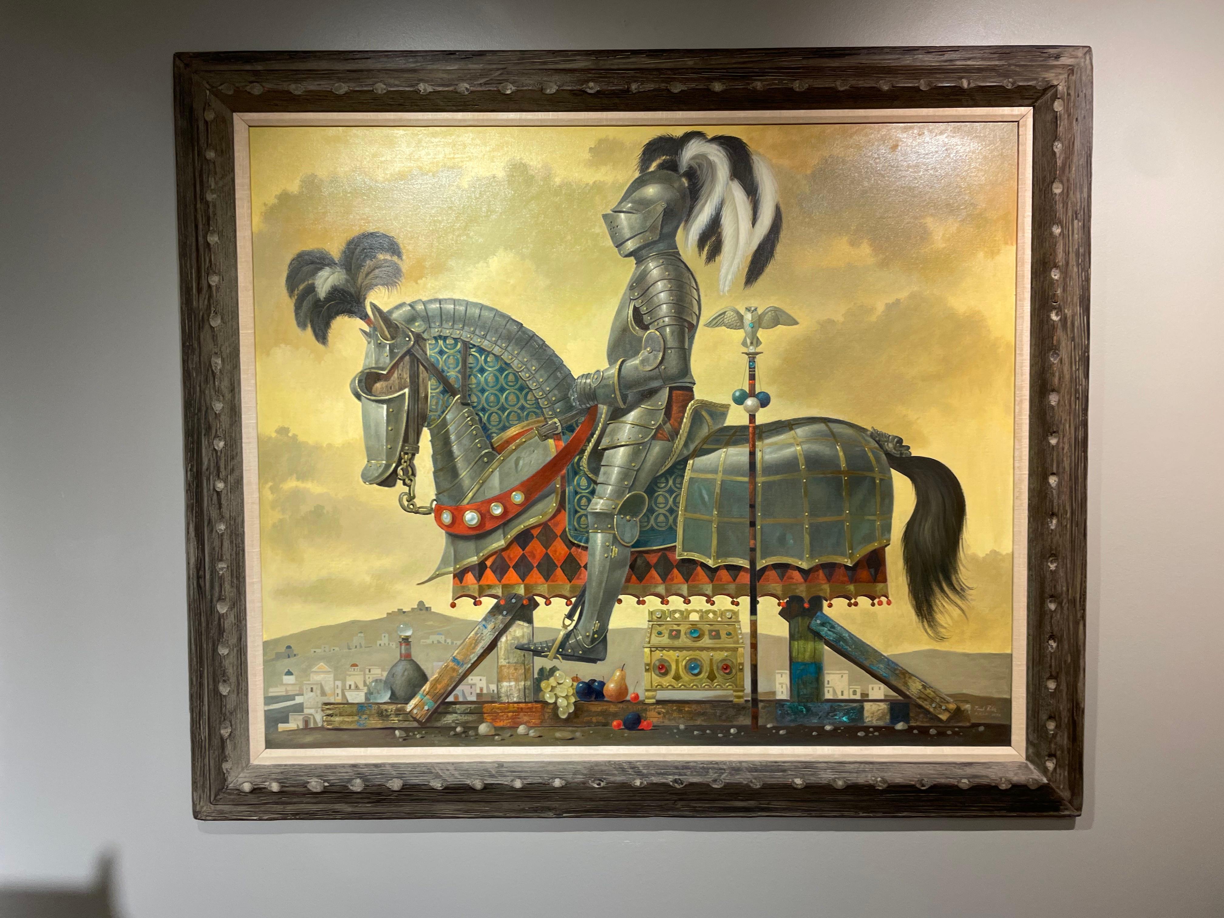 Ritter in Rüstung mit Pferd, große magisch-realistische Landschaft im Angebot 3