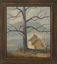 Albero e casa, Paesaggio surrealista con montagna, Artista realista magico