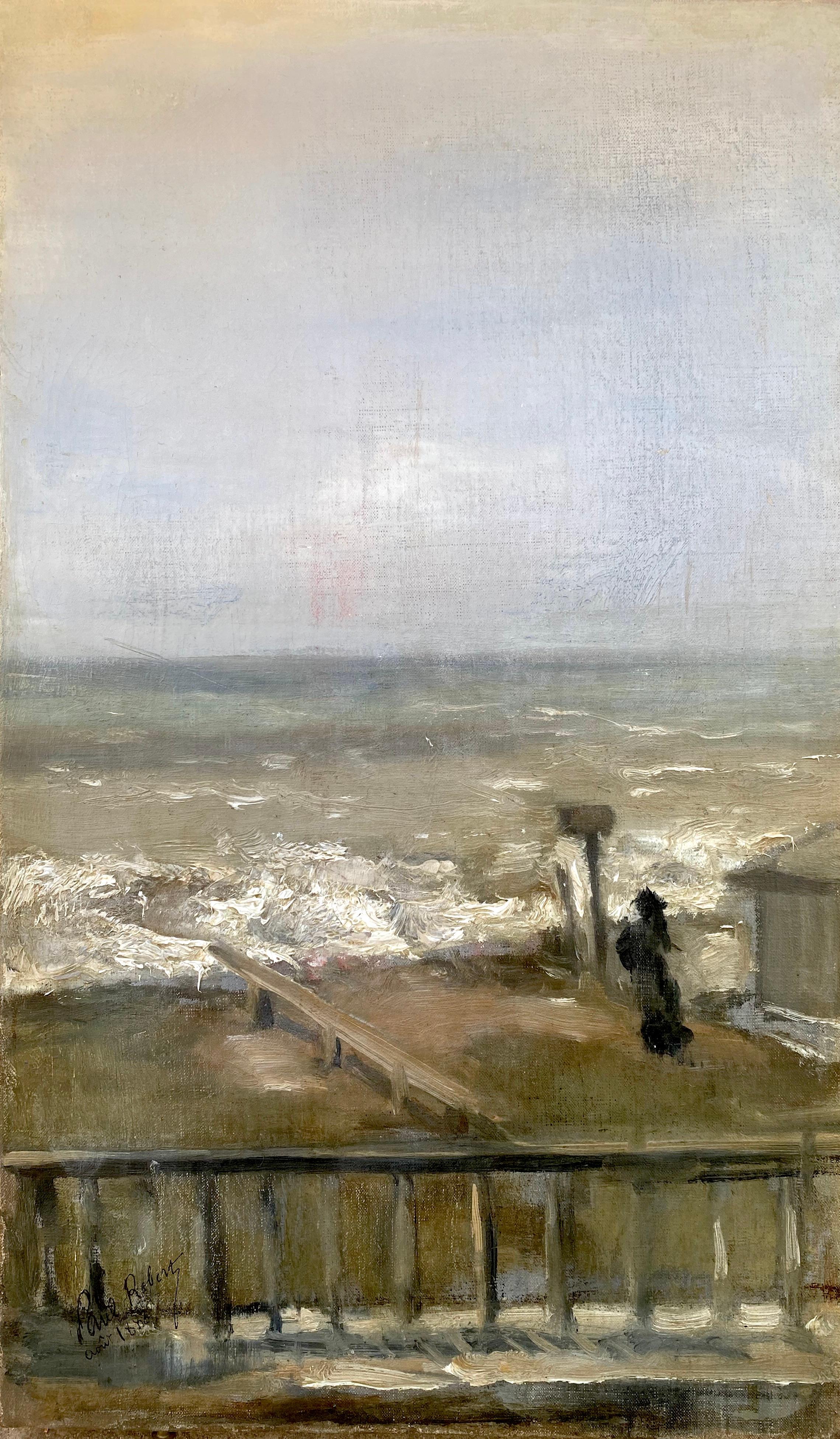 The Woman on the Beach: coastal scene by friend of Degas: gray green blue ocean  - Painting by Paul Robert 
