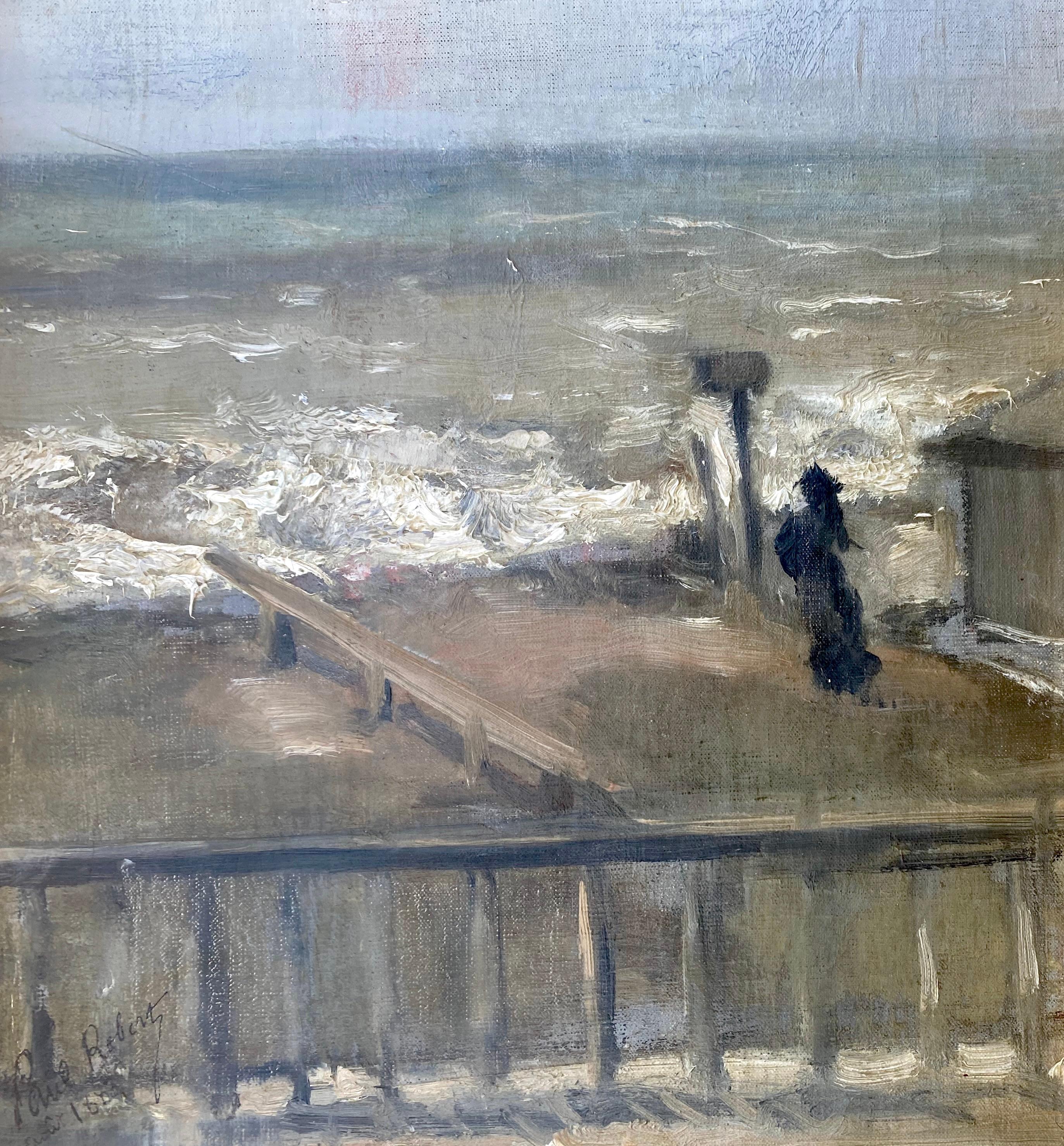 The Woman on the Beach: coastal scene by friend of Degas: gray green blue ocean  - Impressionist Painting by Paul Robert 
