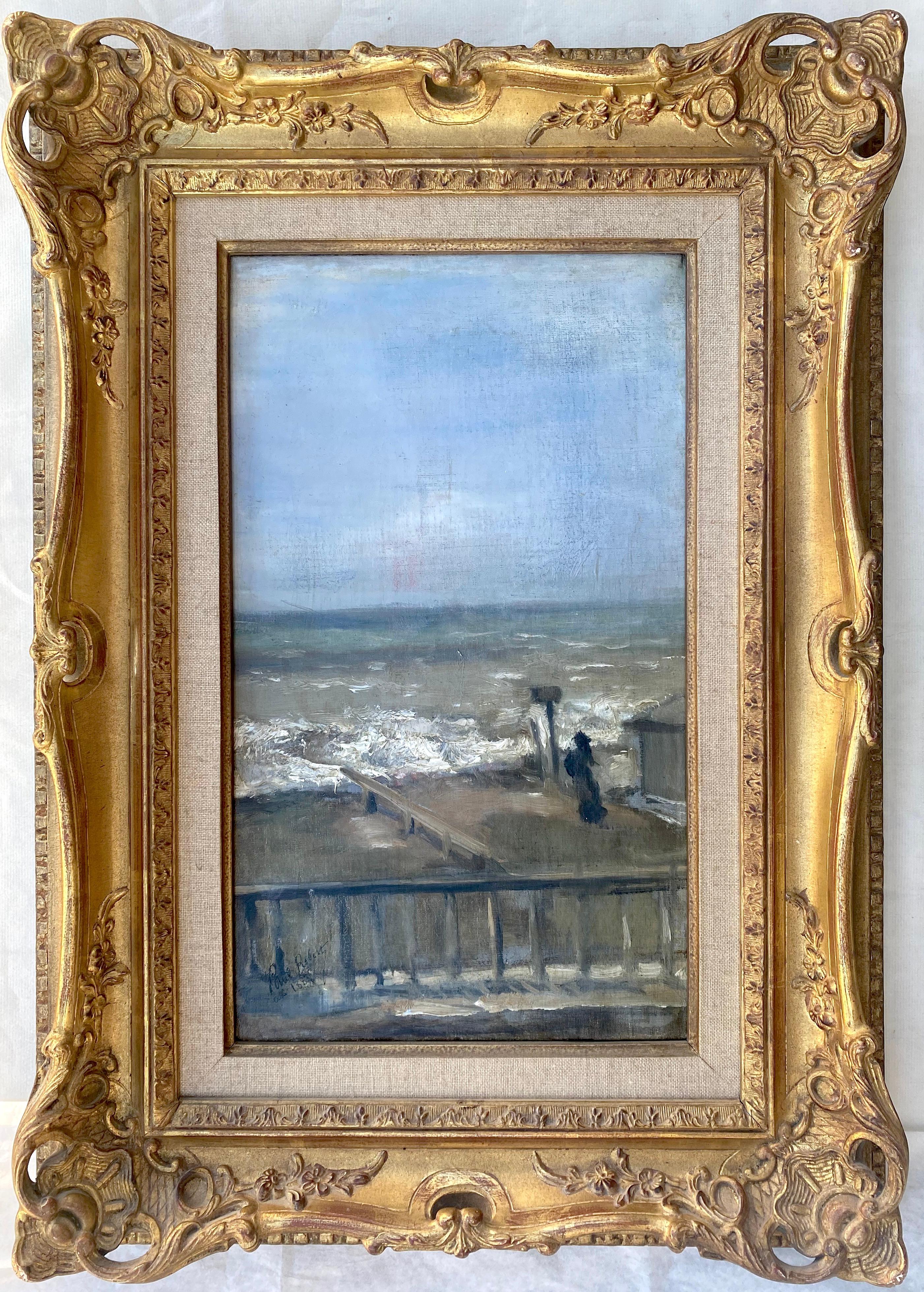 The Woman on the Beach: coastal scene by friend of Degas: gray green blue ocean  4