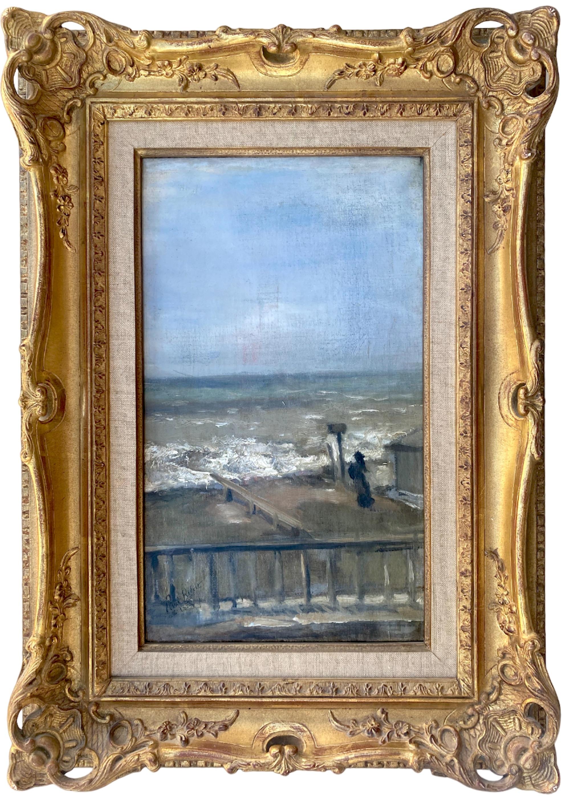 Paul Robert  Landscape Painting - The Woman on the Beach: coastal scene by friend of Degas: gray green blue ocean 