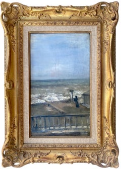 The Woman on the Beach: coastal scene by friend of Degas: gray green blue ocean 