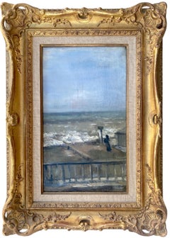 Antique The Woman on the Beach: coastal scene by friend of Degas: gray green blue ocean