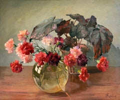 French Vintage Still Life Pink Carnations in Glass Vase & Begonia Leaves Framed