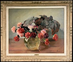 French Vintage Still Life Pink Carnations in Glass Vase & Begonia Leaves Framed