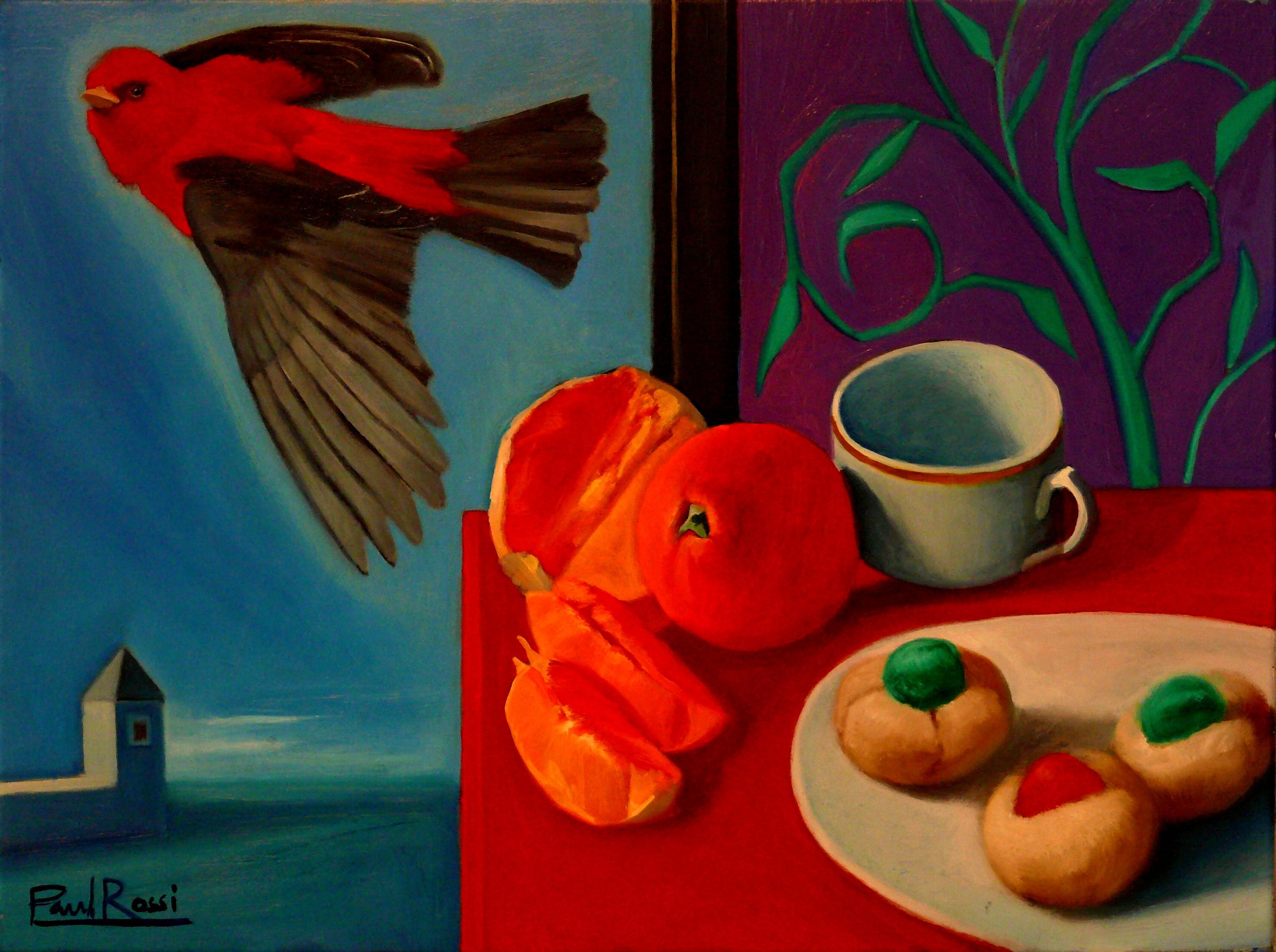 Paul Rossi Figurative Painting - Breakfast With Bird   Contemporary Still Life Oil Painting