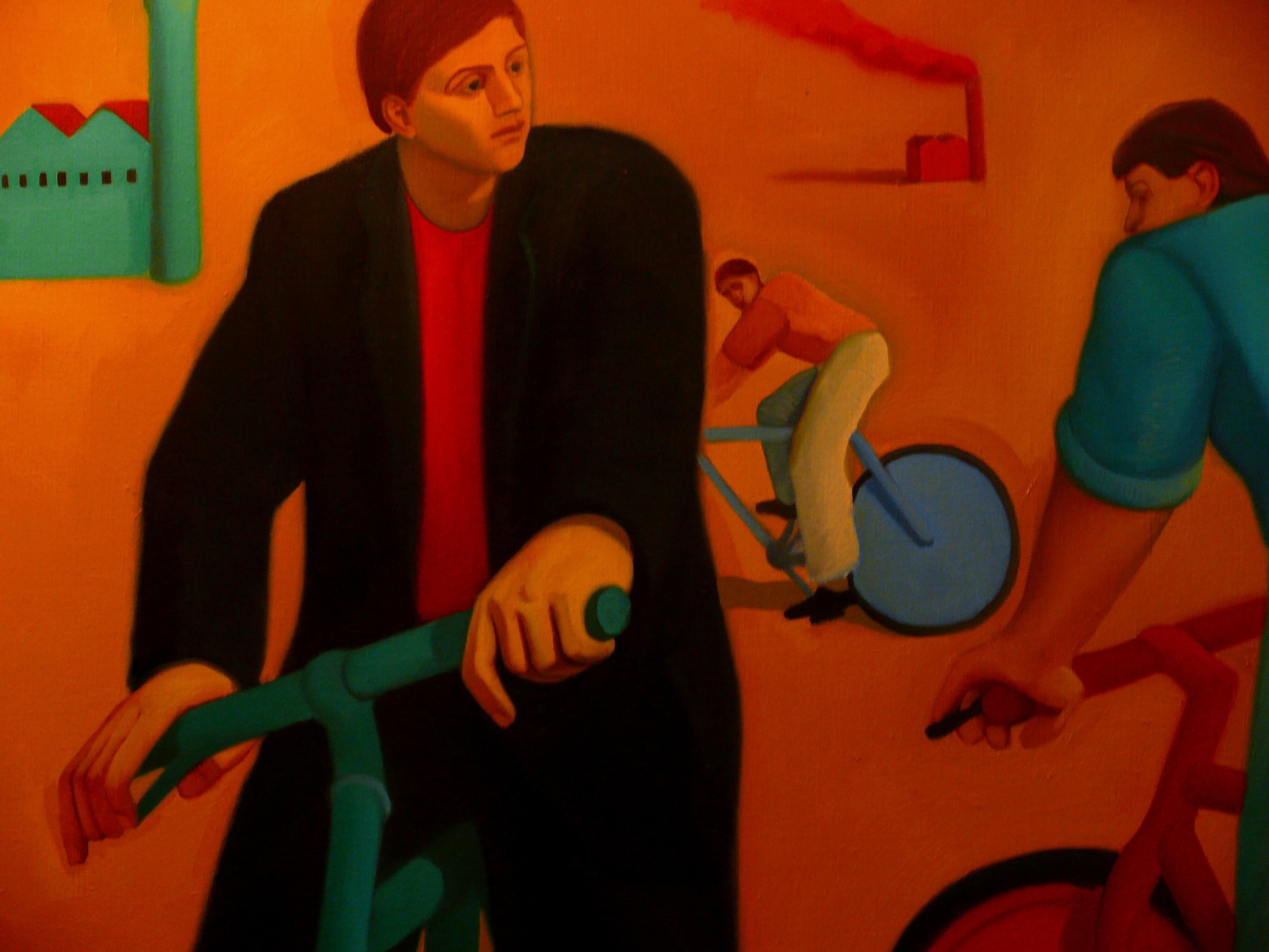 Chromatic Bicycles.  Contemporary Figurative Oil Painting For Sale 3
