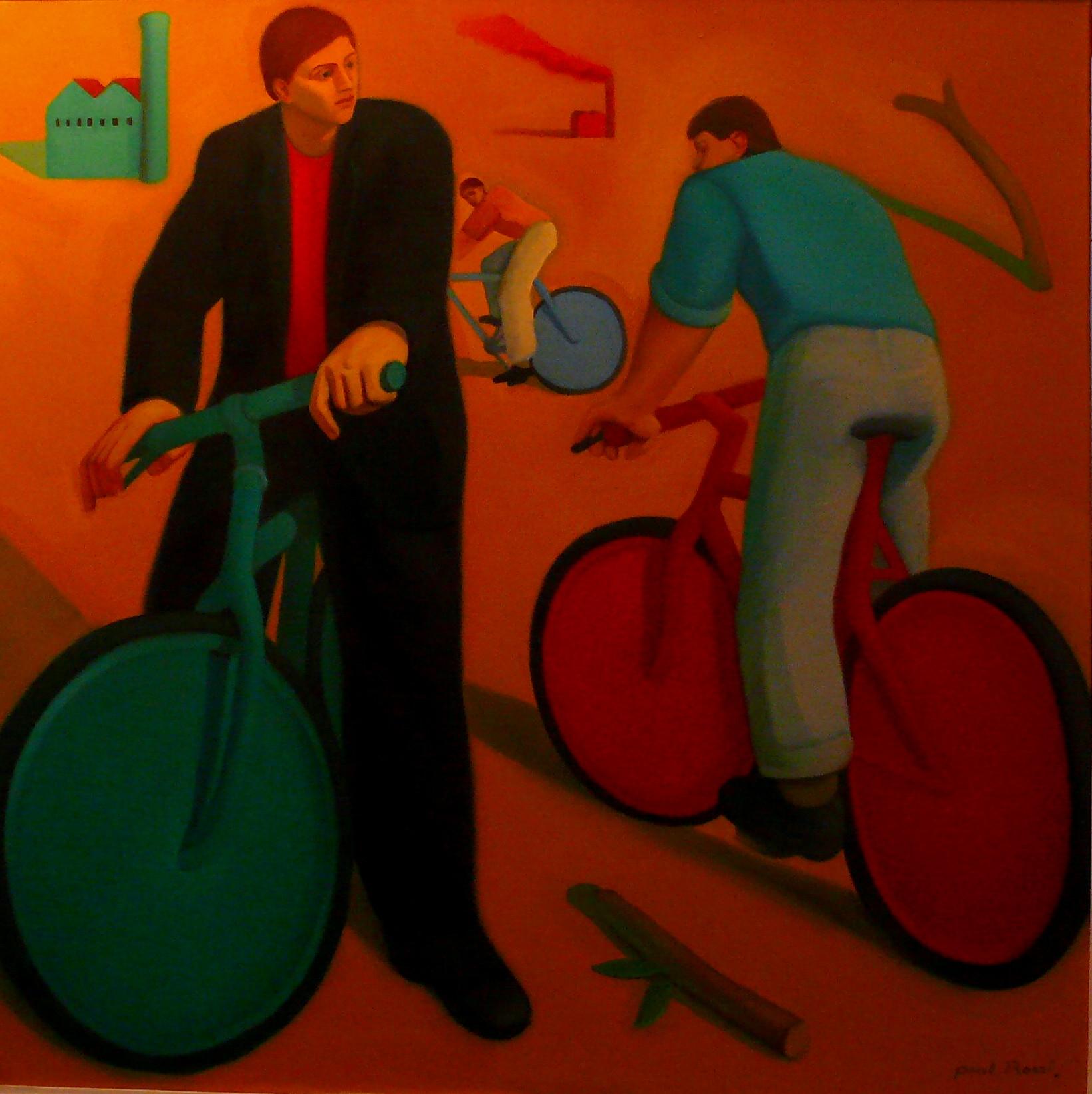 Paul Rossi Figurative Painting – Chromatische Fahrräder.  Zeitgenössisches figuratives Ölgemälde