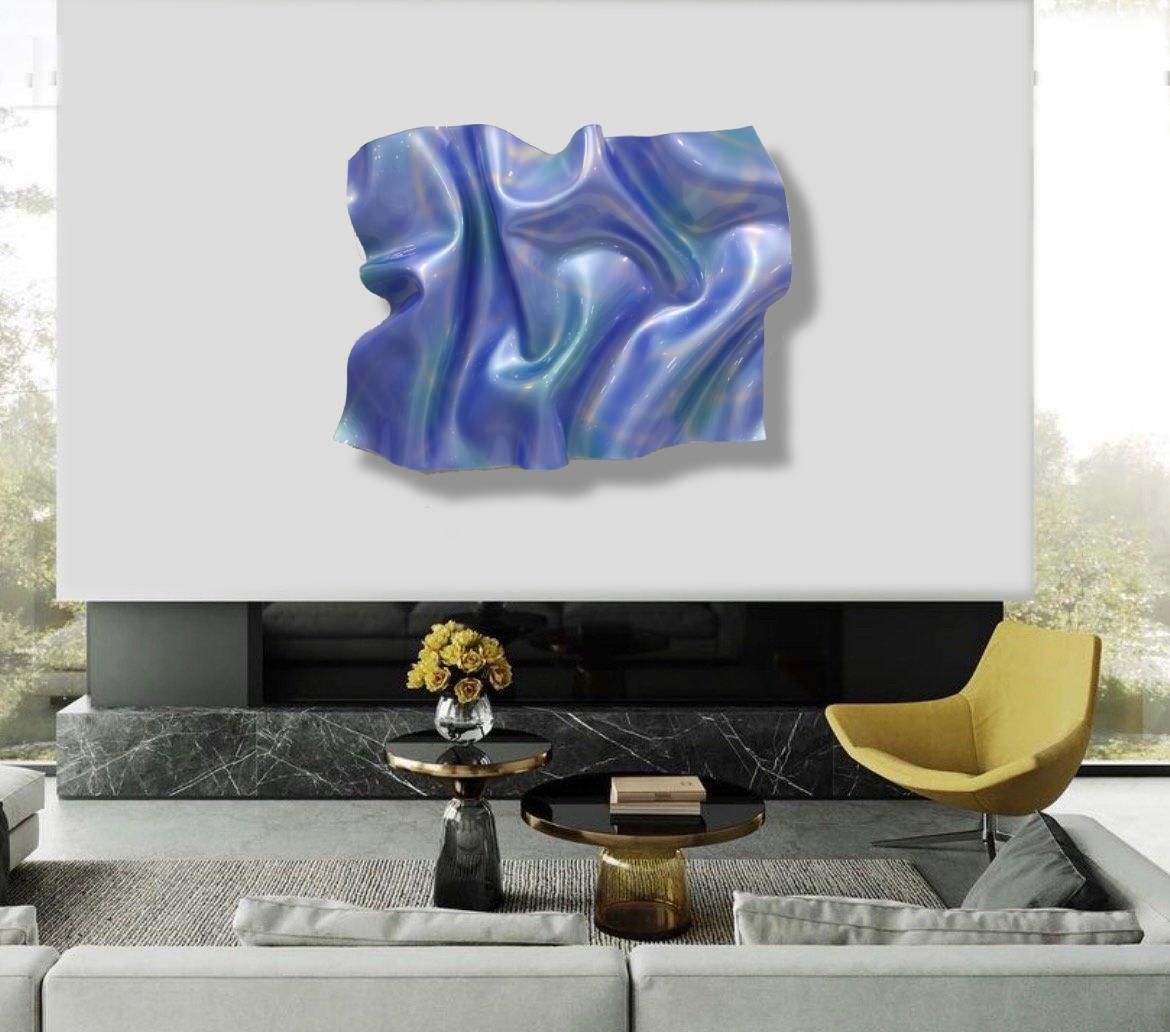 Schöne blaue handgeformte Oberfläche von Wasser / Wellenform / schillernde Pop Art  (Zeitgenössisch), Mixed Media Art, von Paul Rousso